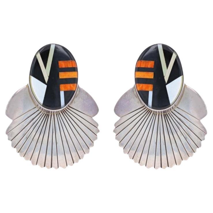 Native American Al Nez Navajo Onyx Spiny Oyster Large Drop Earrings Sterling 925 For Sale