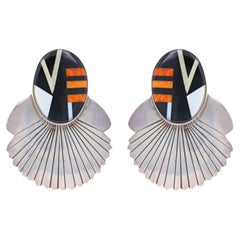 Native American Al Nez Navajo Onyx Spiny Oyster Large Drop Earrings Sterling 925