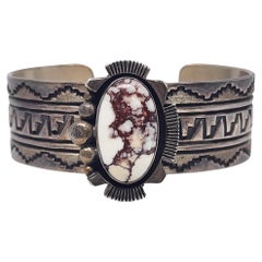 Native American Alvin Monte Sterling Silver White Turquoise Cuff Bracelet #18188
