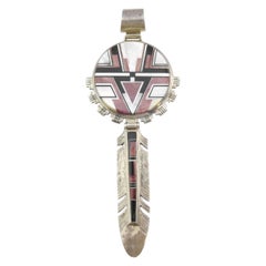 Native American Alvin Yellowhorse Sterling Multi Stone Inlay Feather Pendant