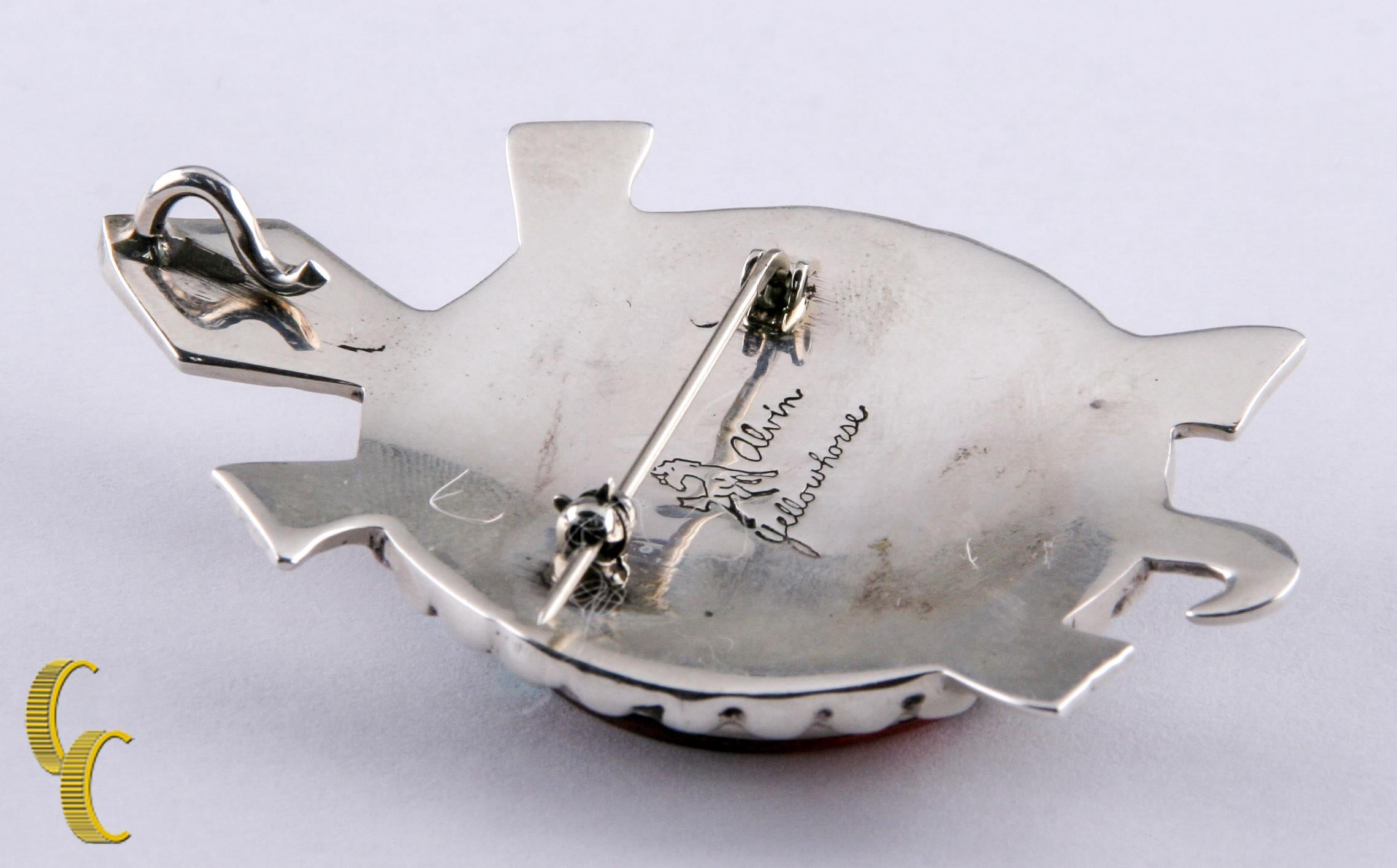 Native American Alvin Yellowhorse Sterling Silver Turtle Inlay Pendant Brooch In Good Condition For Sale In Van Nuys, CA