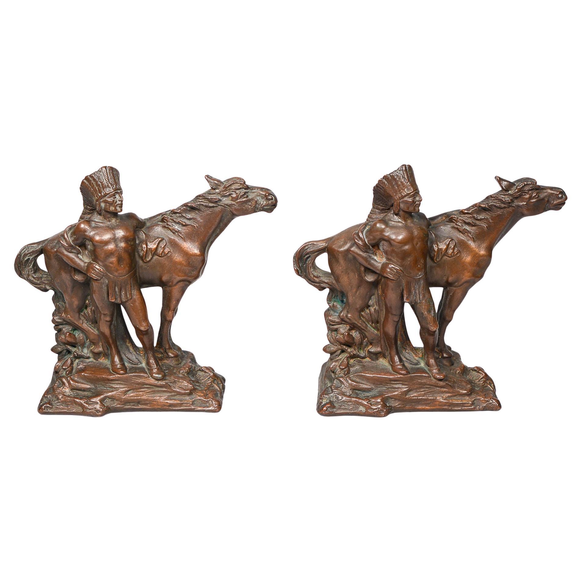 Native American and Horse Bronze Clad Bookends by Armor Bronze Corporation