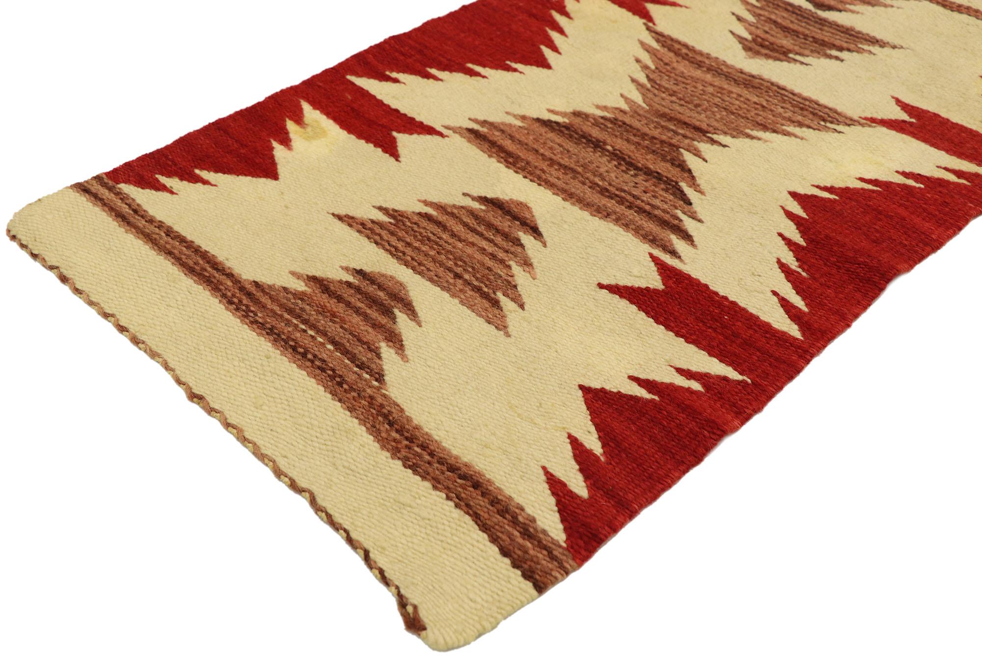 74756 Native American Antique Kilim rug with Navajo Two Grey Hills style. With its bold expressive design, incredible detail and texture, this hand-woven wool antique Navajo accent rug is a captivating vision of woven beauty highlighting Native