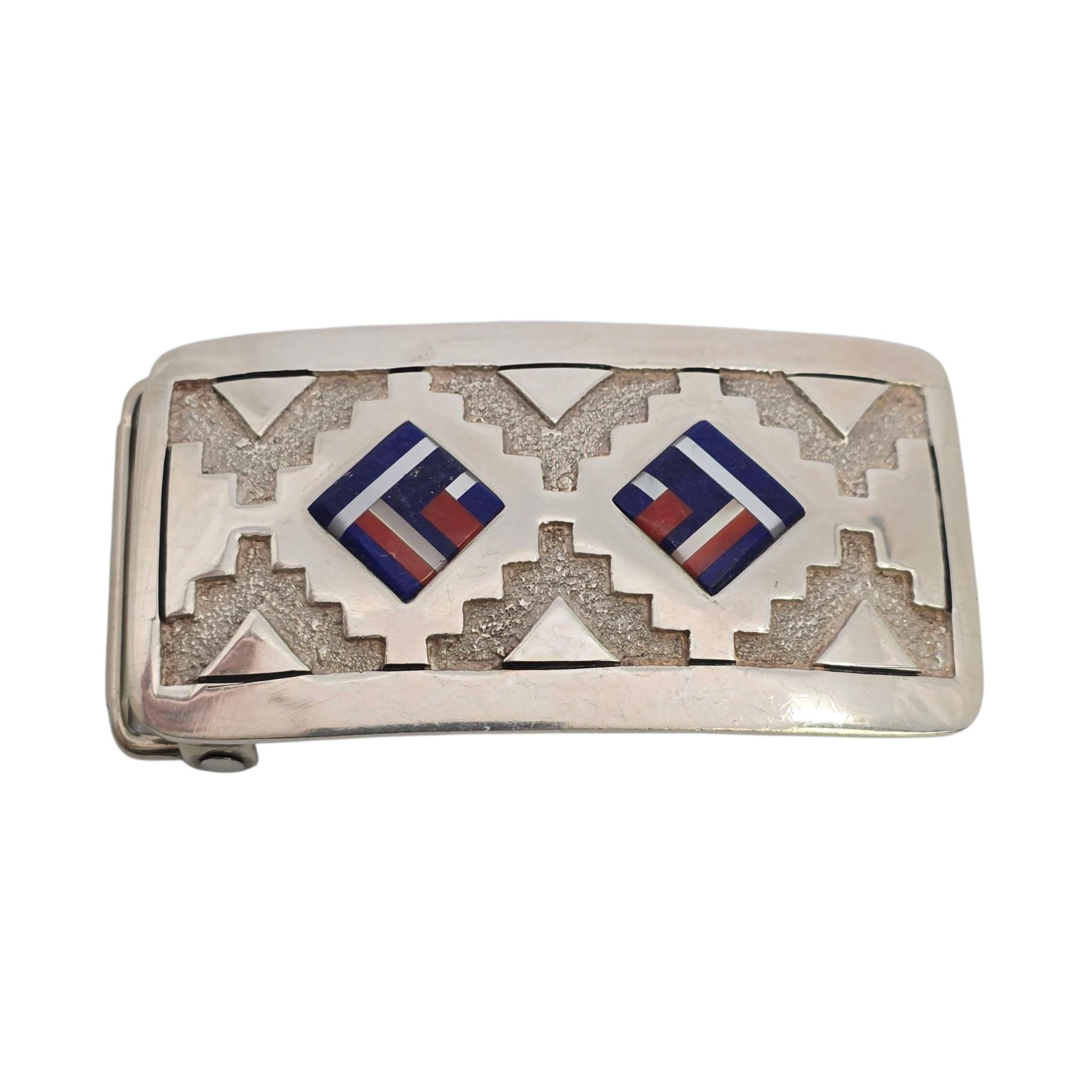 Amérindien Native American A Stone Sterling Silver Inlay Belt Buckle & Conchos #23616 en vente