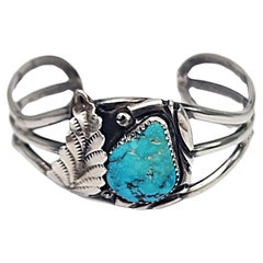 Vintage Native American Bahe Sterling Silver Turquoise Feather Cuff Bracelet #16492
