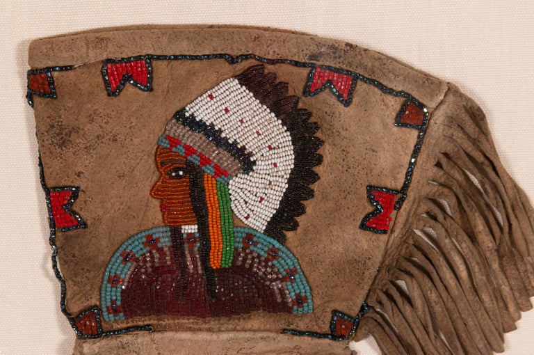 Native American Beadwork Gauntlets with an Chief, ca 1880-90 In Good Condition For Sale In York County, PA