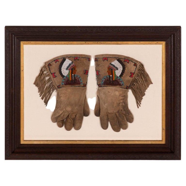 Native American Beadwork Gauntlets with an Chief, ca 1880-90 For Sale