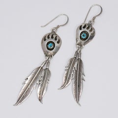 Native American Bear Claw Feather Sterling Silver Turquoise Dangling Earrings