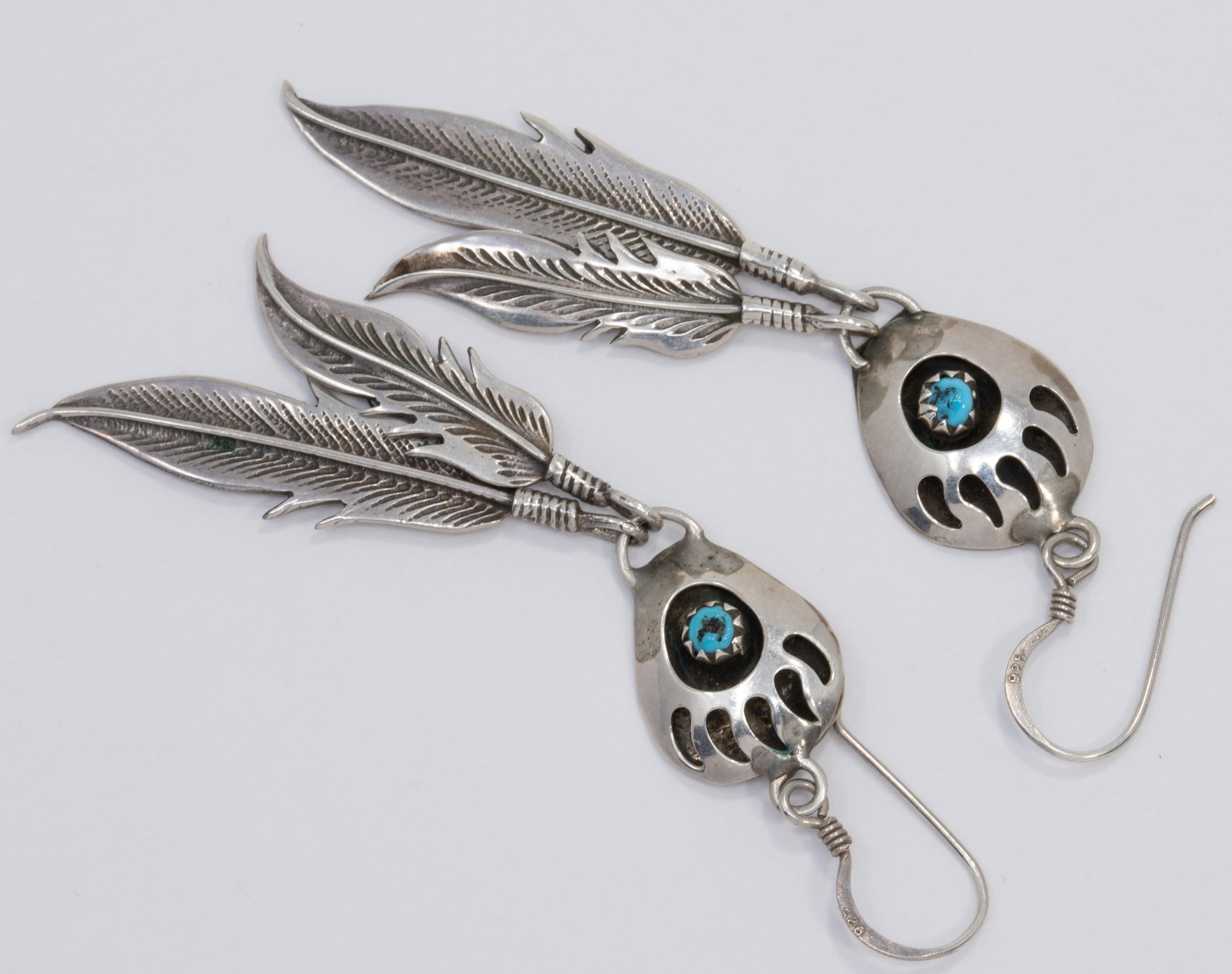 Navajo Sterling Silver & Turquoise Stone Eagle Feather Bear Claw  Earrings 2 Lot 