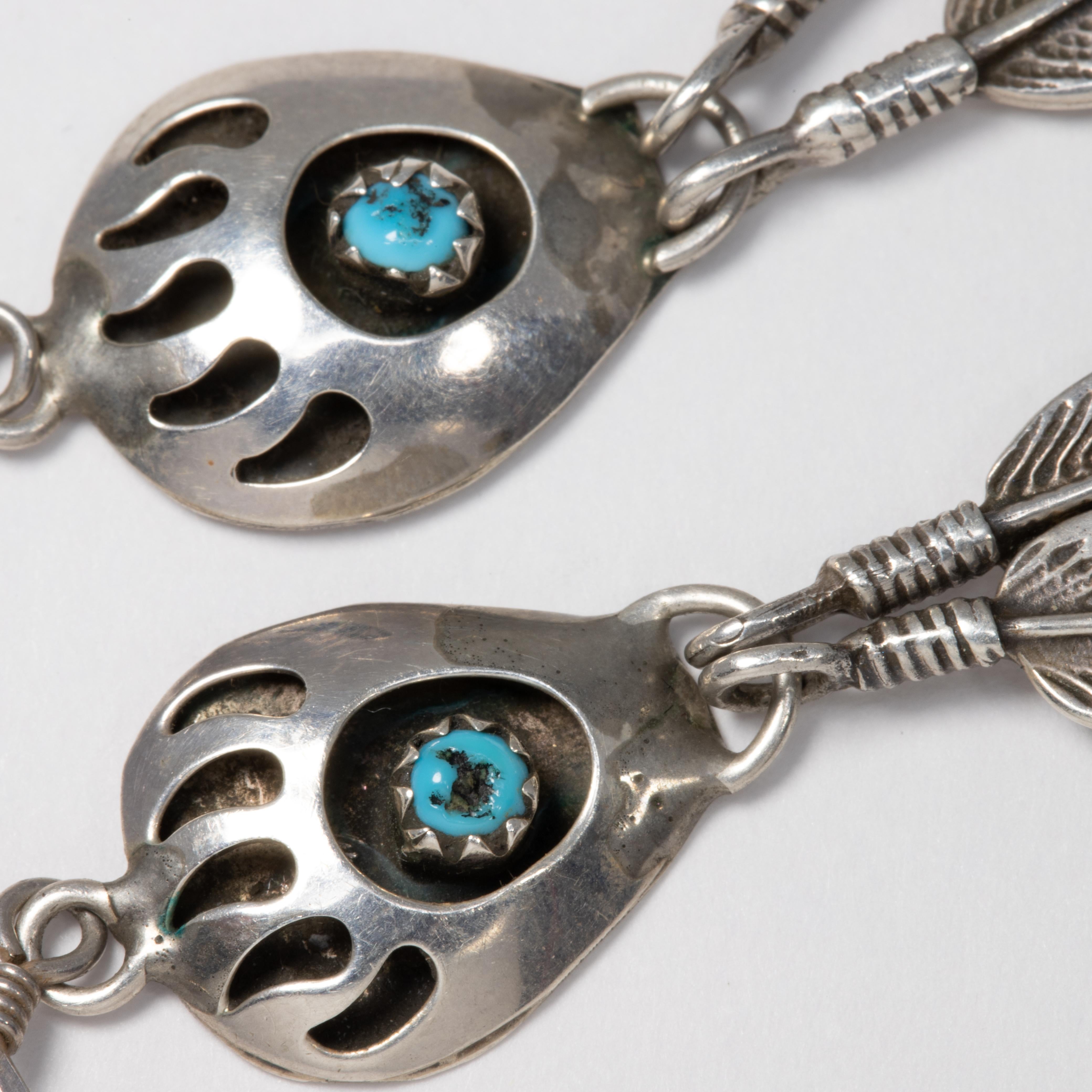 Native American Sterling Silver Turquoise Bear Paw Two Feathers Drop Earrings 