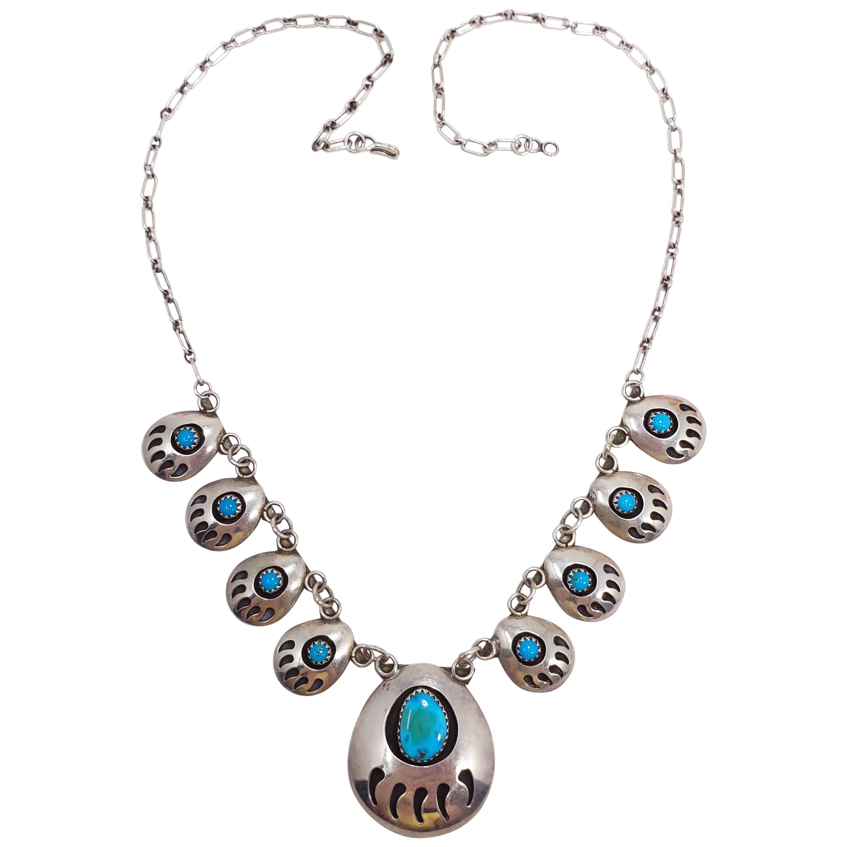 Native American Bear Claw Link Sterling Silver Turquoise Pendant Necklace