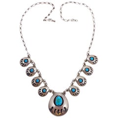 Vintage Native American Bear Claw Link Sterling Silver Turquoise Pendant Necklace