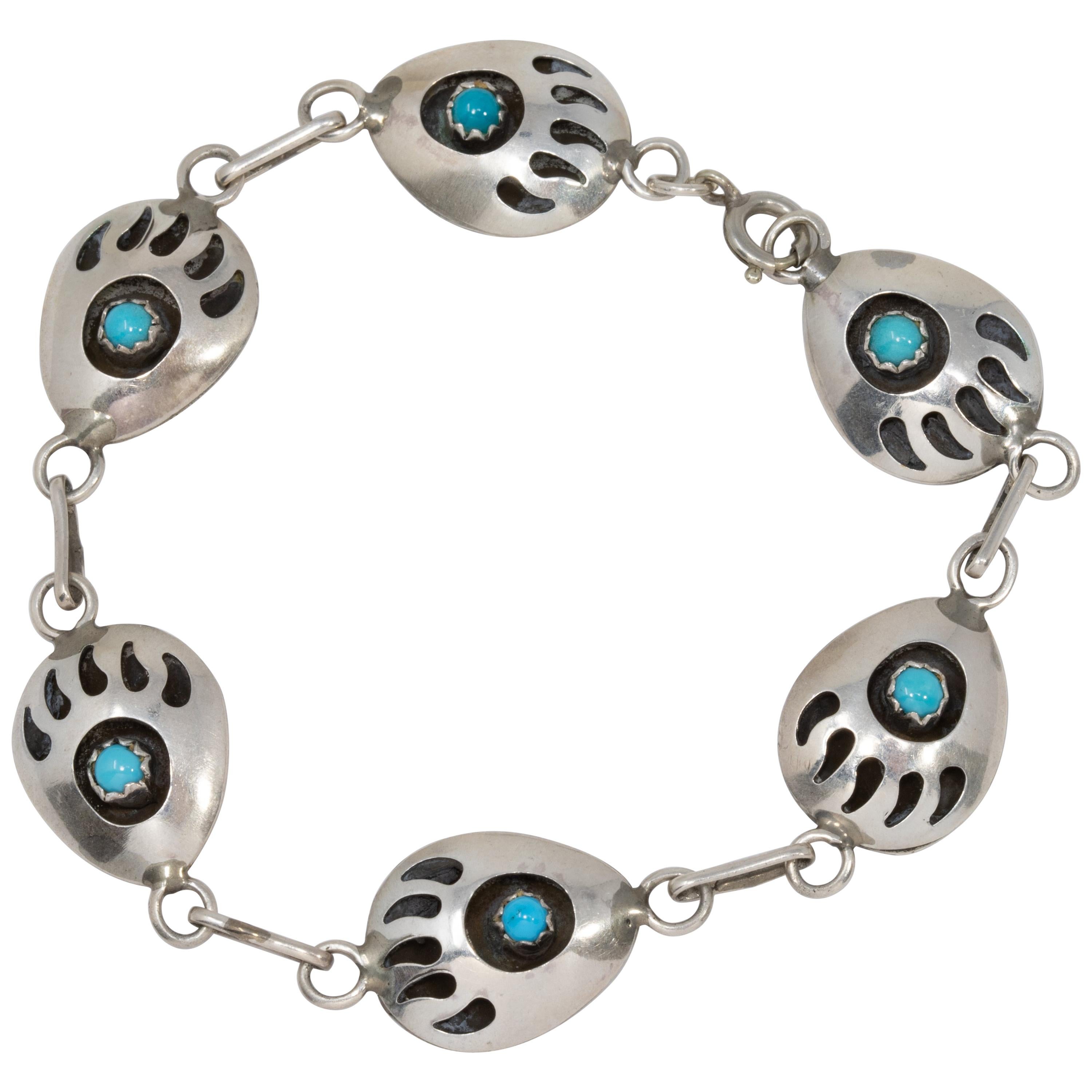 Bracciale a maglie in argento sterling e turchese con artiglio d'orso dei nativi americani