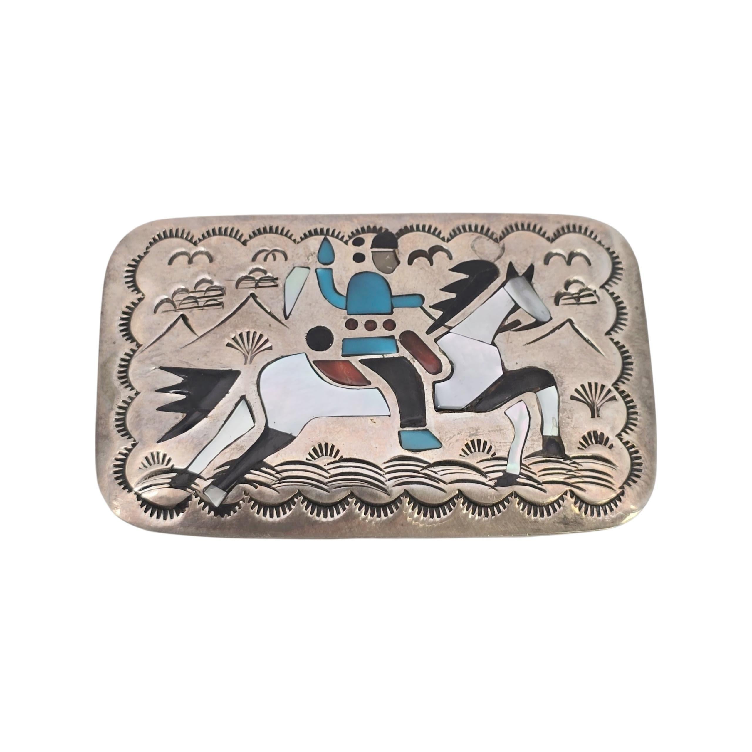 Amérindien Native American Becenti Sterling Silver Inlay Storyteller Buckle & Conchos 23619 en vente