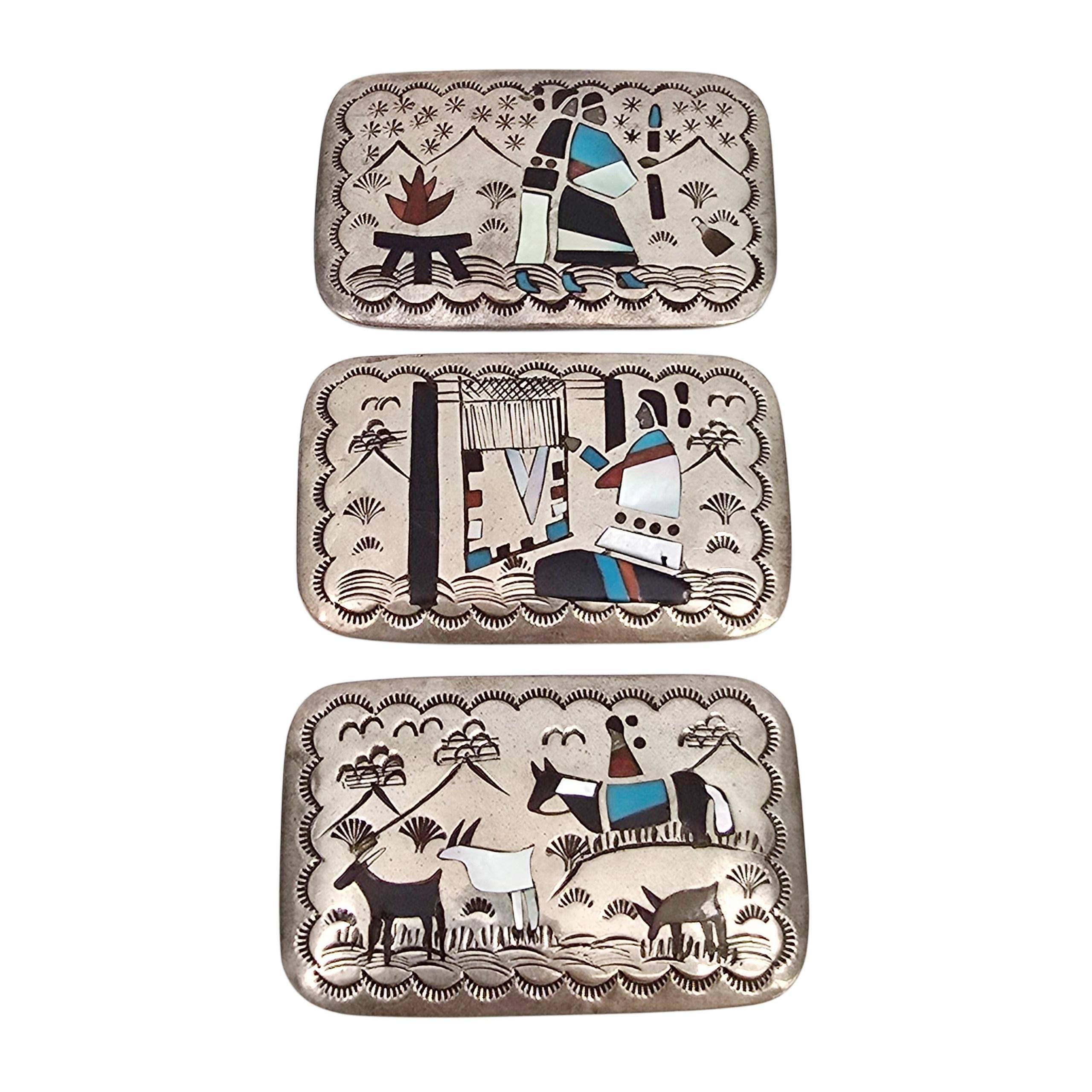 Native American Becenti Sterling Silver Inlay Storyteller Buckle & Conchos 23619 Bon état - En vente à Washington Depot, CT