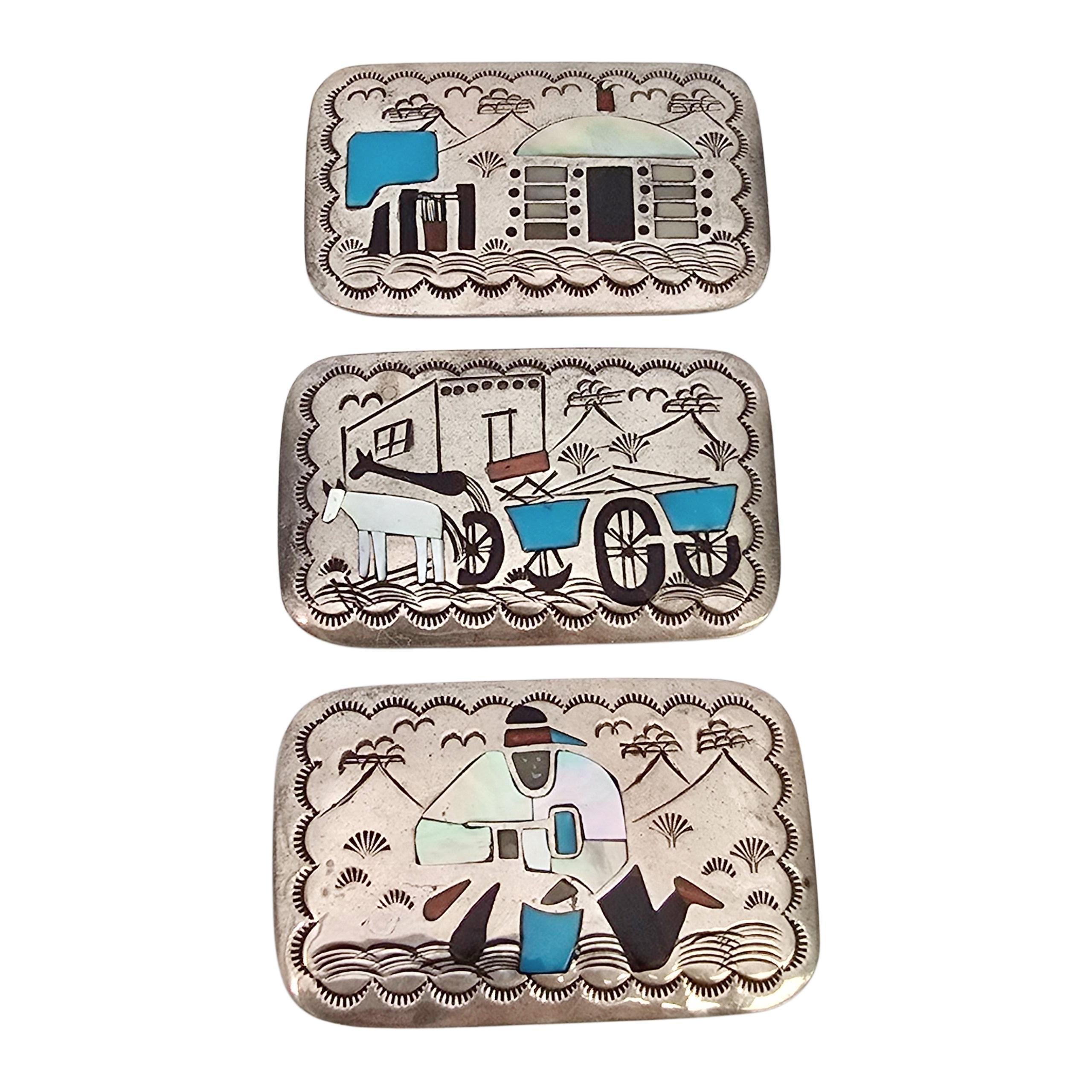 Native American Becenti Sterling Silver Inlay Storyteller Buckle & Conchos 23619 Unisexe en vente