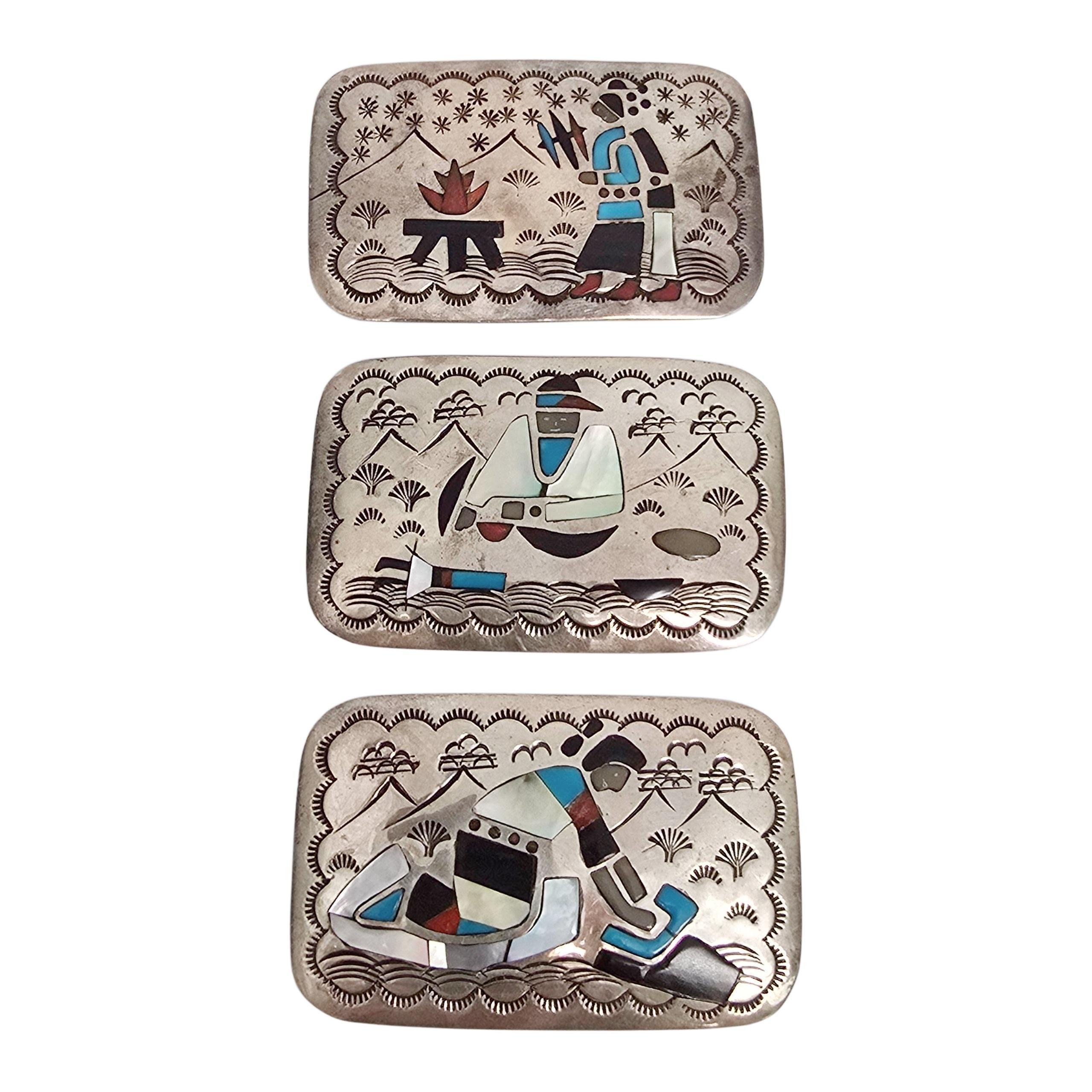 Native American Becenti Sterling Silver Inlay Storyteller Buckle & Conchos 23619 en vente 1