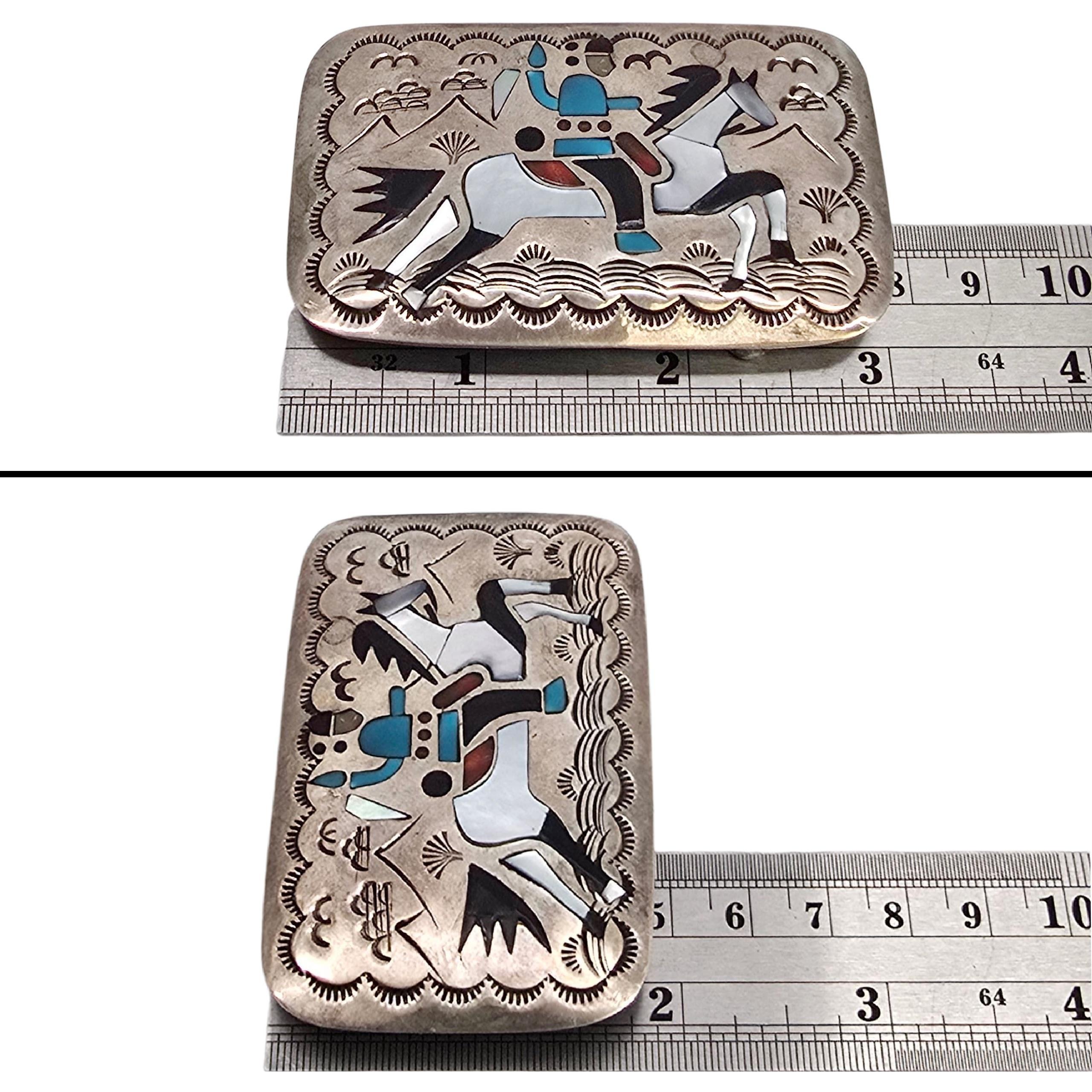 Native American Becenti Sterling Silver Inlay Storyteller Buckle & Conchos 23619 en vente 3
