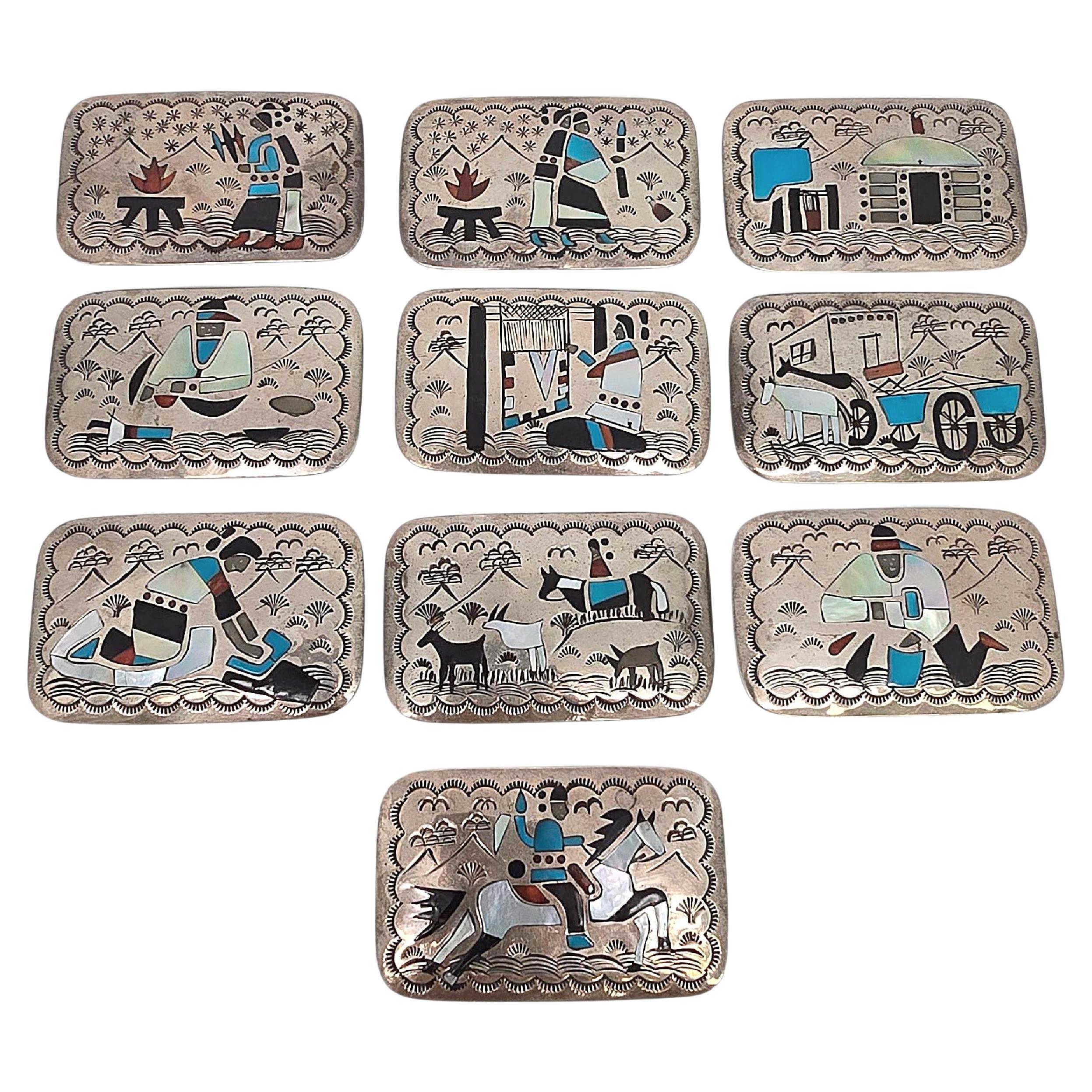 Native American Becenti Sterling Silver Inlay Storyteller Buckle & Conchos 23619