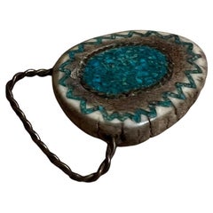 Native American Belt Buckle Bone Brass & Azurite