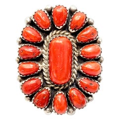 Native American Benny Touchine Sterling Silver Coral Petit Point Ring