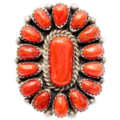 Native American Benny Touchine Sterling Silver Coral Petit Point Ring