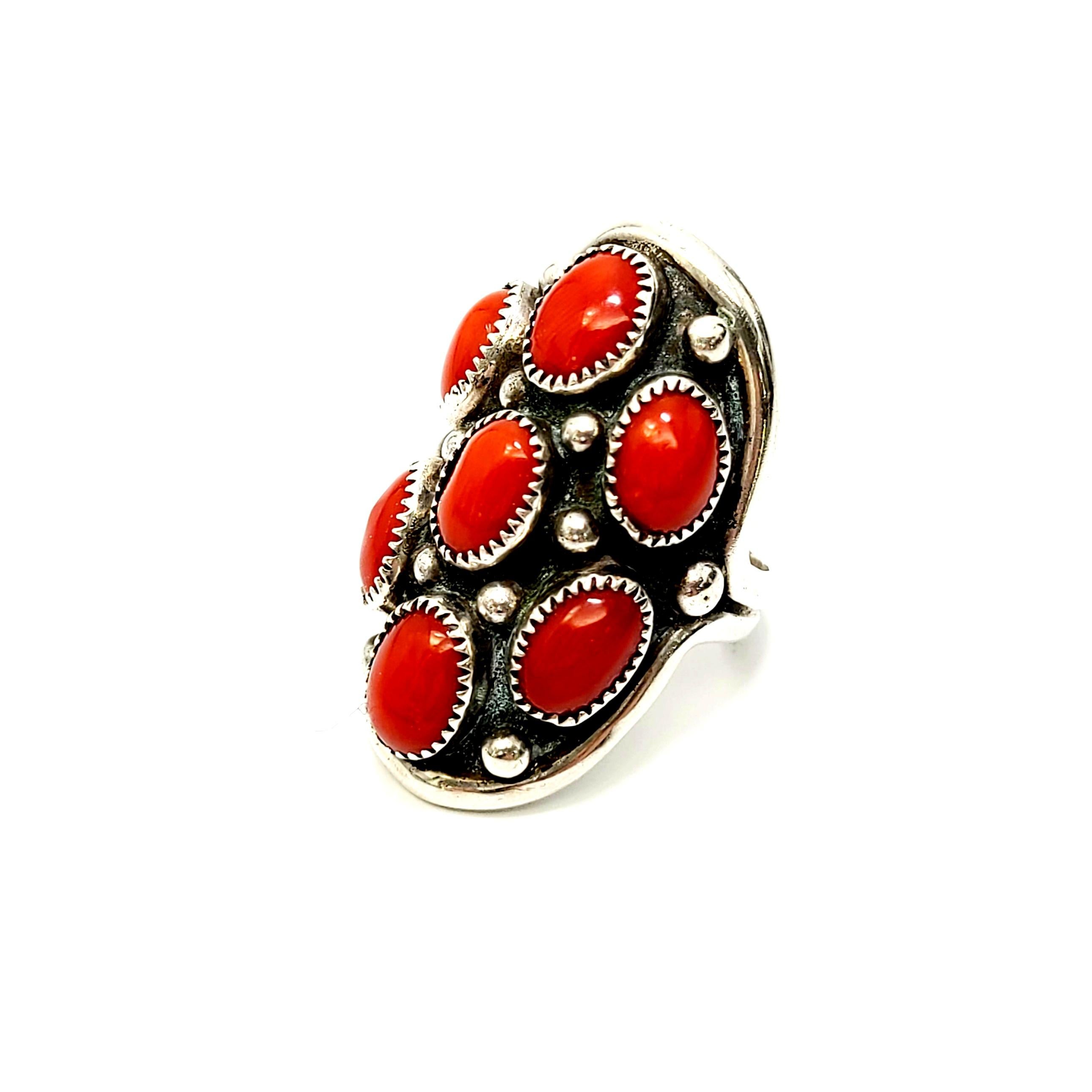 Cabochon Native American Benny Touchine Sterling Silver Coral Ring
