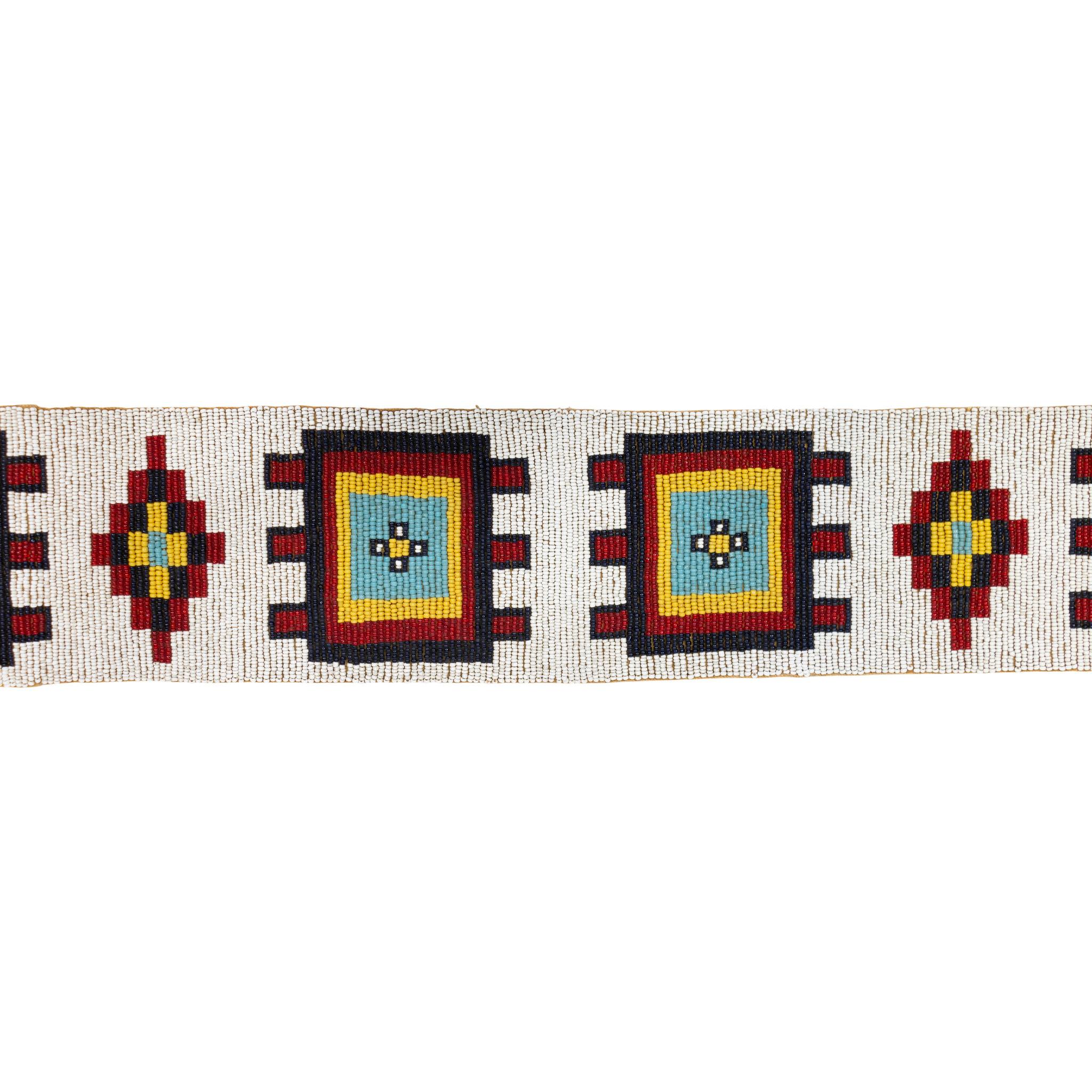 Blackfeet bead strip. Sewn on tent canvas with geometric design. Not sure if belt or blanket strip. Great collector piece.

Period: circa 1990
Origin: Blackfeet
Size: 4