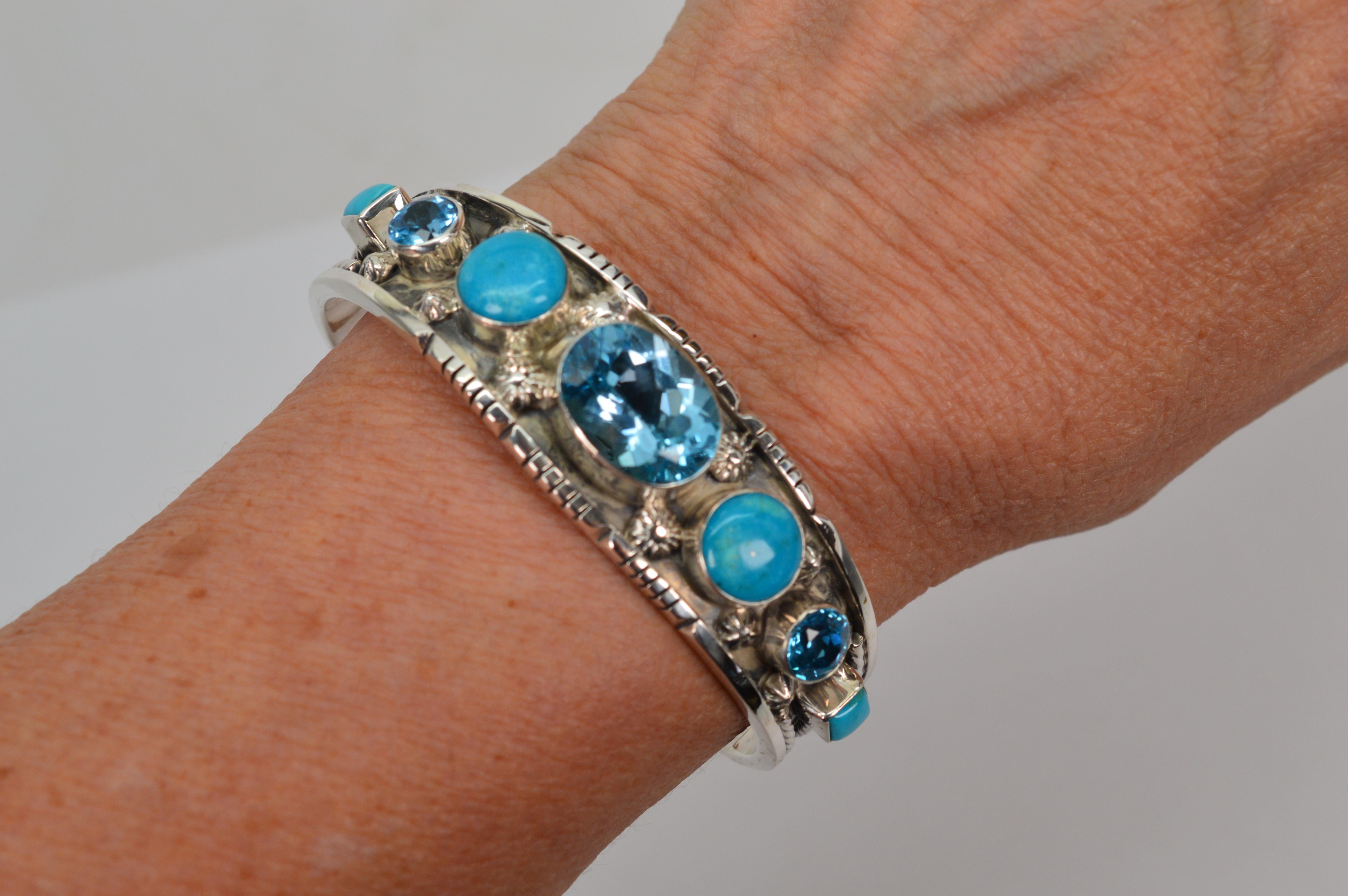 Native American Blue Topaz Turquoise Sterling Silver Cuff For Sale 6