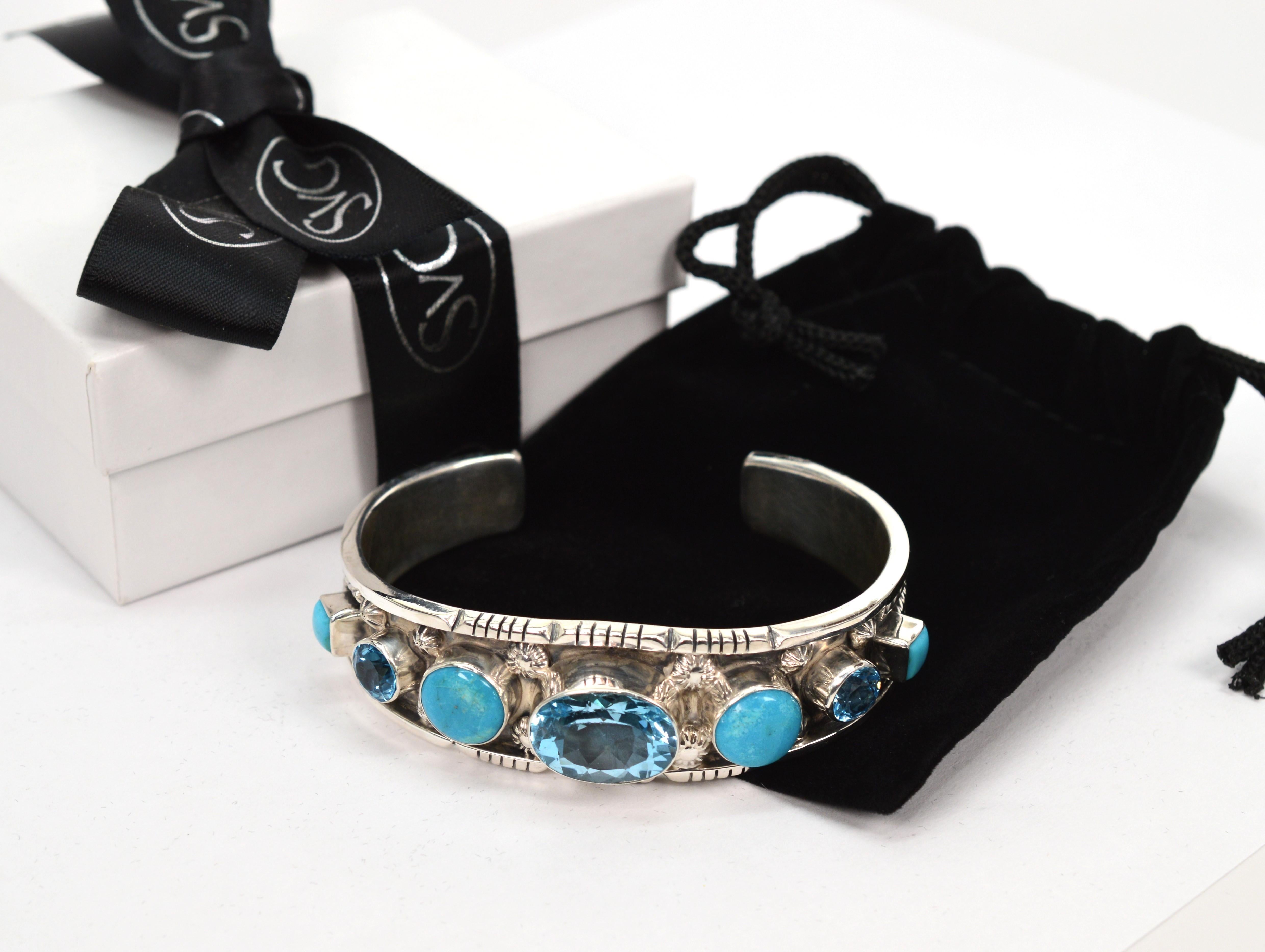 Native American Blue Topaz Turquoise Sterling Silver Cuff For Sale 7