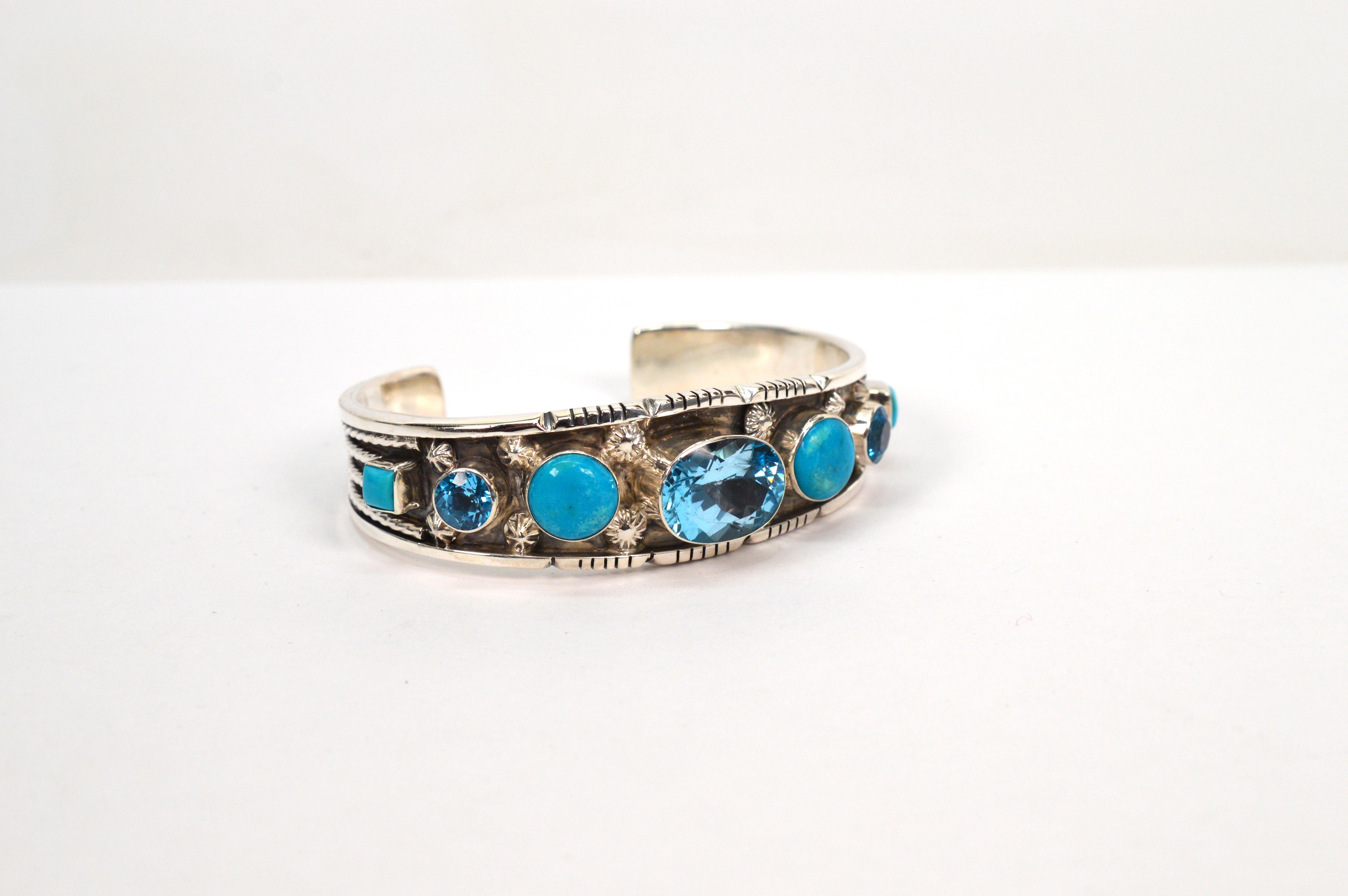 Oval Cut Native American Blue Topaz Turquoise Sterling Silver Cuff For Sale