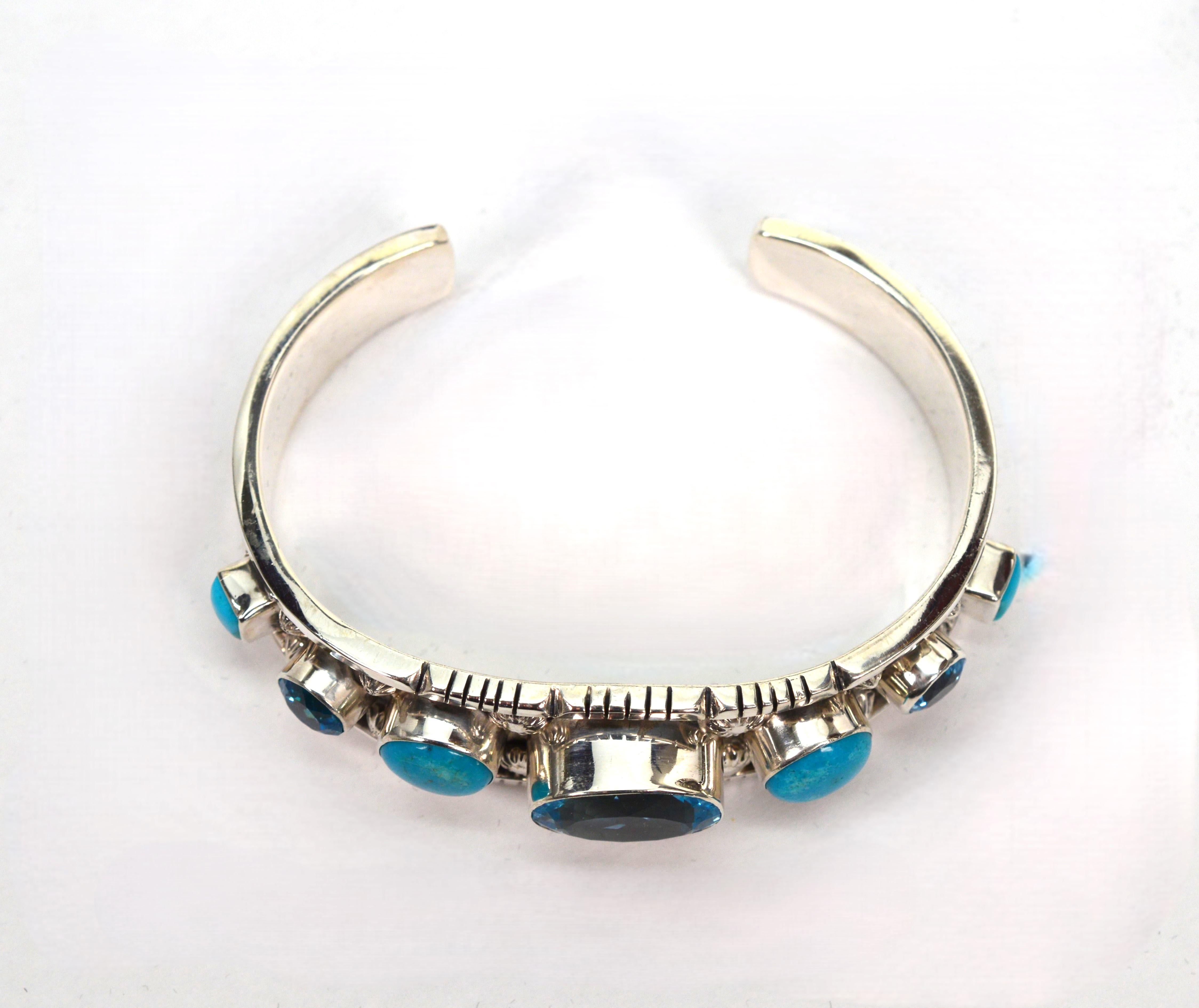 Native American Blue Topaz Turquoise Sterling Silver Cuff For Sale 2