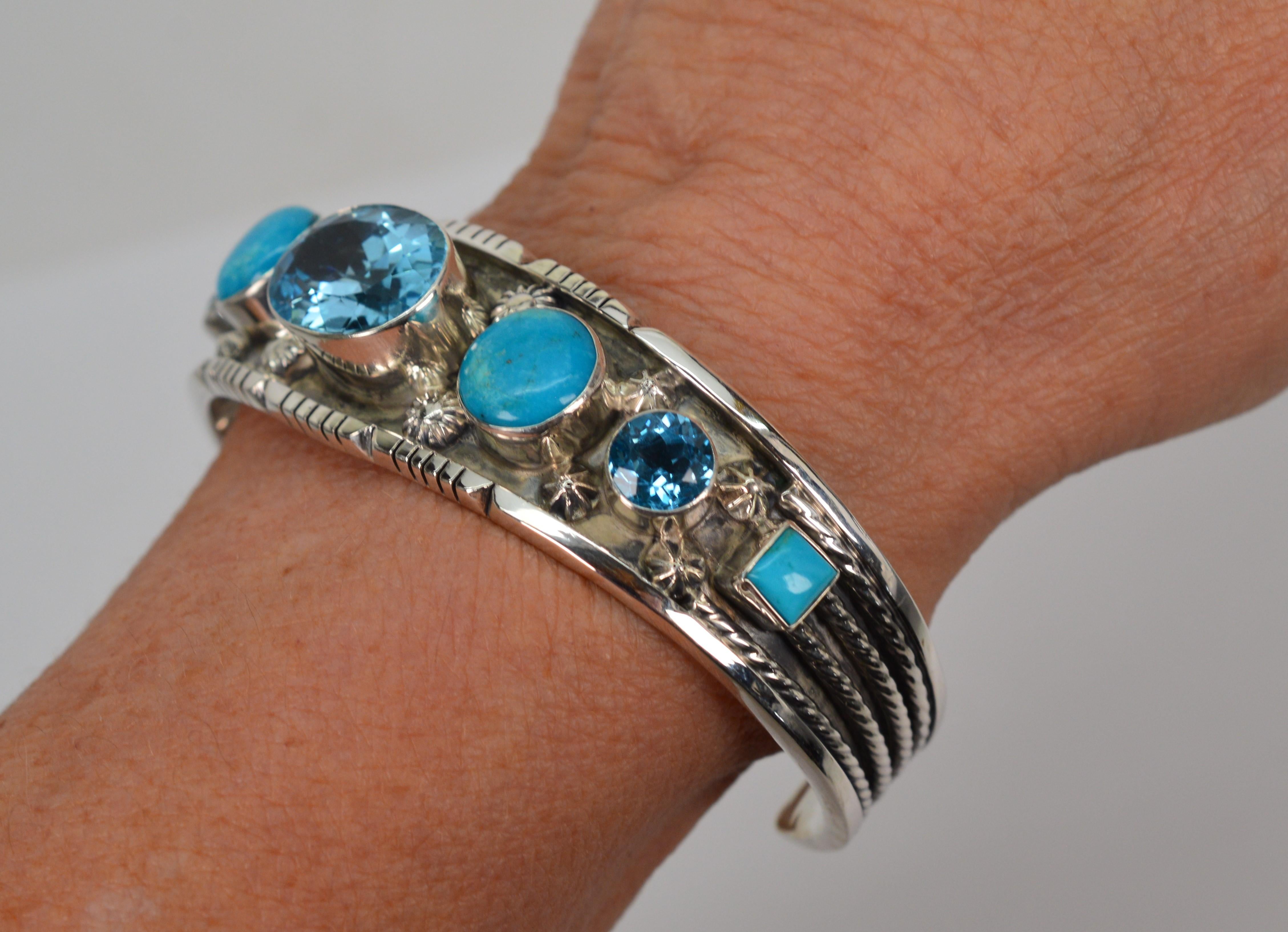 Native American Blue Topaz Turquoise Sterling Silver Cuff For Sale 3