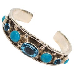 Manchette Amérindienne en Argent Sterling Topaze Bleue Turquoise