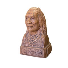 Native American Brown Faux Bois Ceramic Bust of a Warrior Titled Brave, 1969
