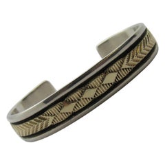 Native American Brua Morgan Sterling Silver and 14 Karat Gold Textured Bracelet