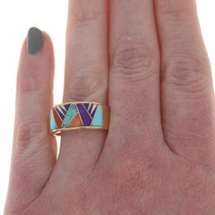 Native American Calvin Begay Navajo Turq Coral Lapis Band - Yellow Gold 14k Ring