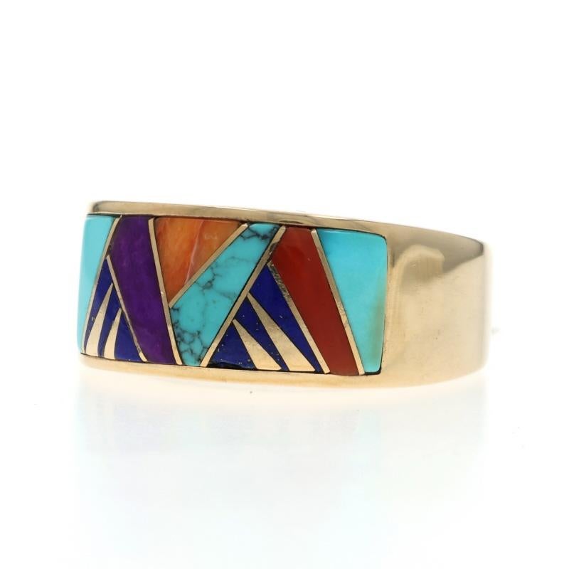 Bague Amérindienne Calvin Navajo Turq Coral Lapis - Or jaune 14k Excellent état - En vente à Greensboro, NC
