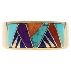 Native American Calvin Begay Navajo Turq Coral Lapis Band - Yellow Gold 14k Ring