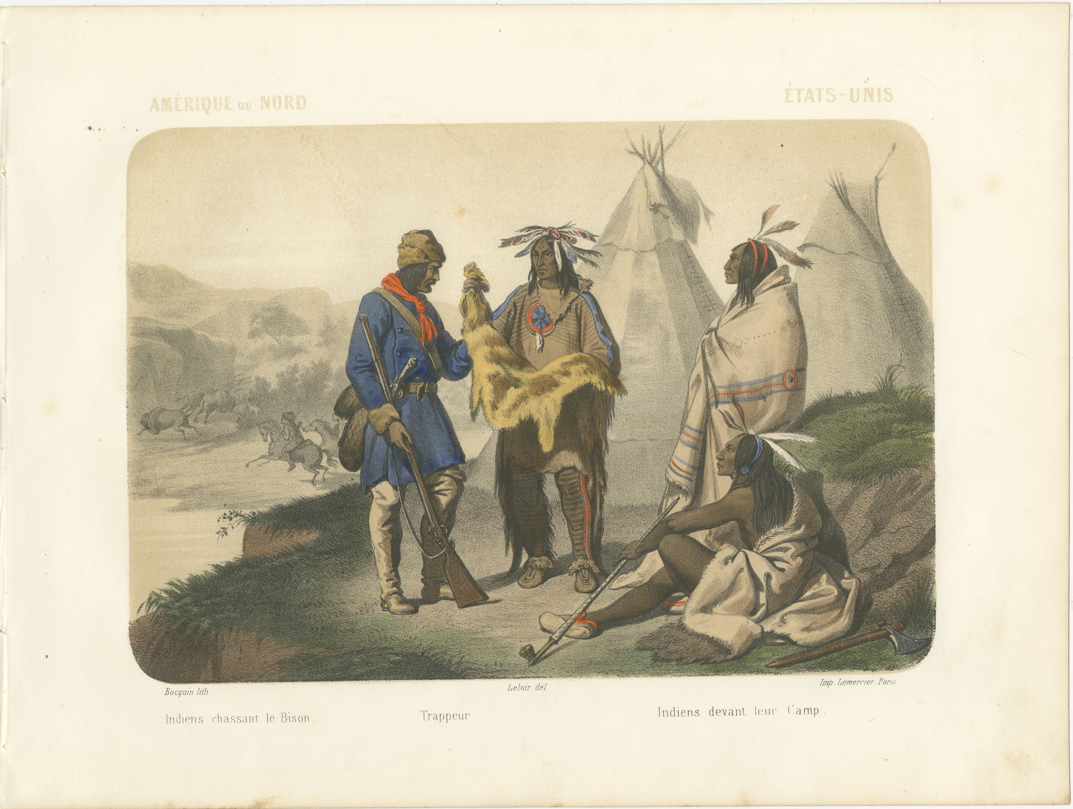 Titolo: Scena di accampamento di nativi americani - Cacciatori di trappole e di bufali, 1845 ca.

Descrizione:
Questa litografia finemente colorata a mano, intitolata 