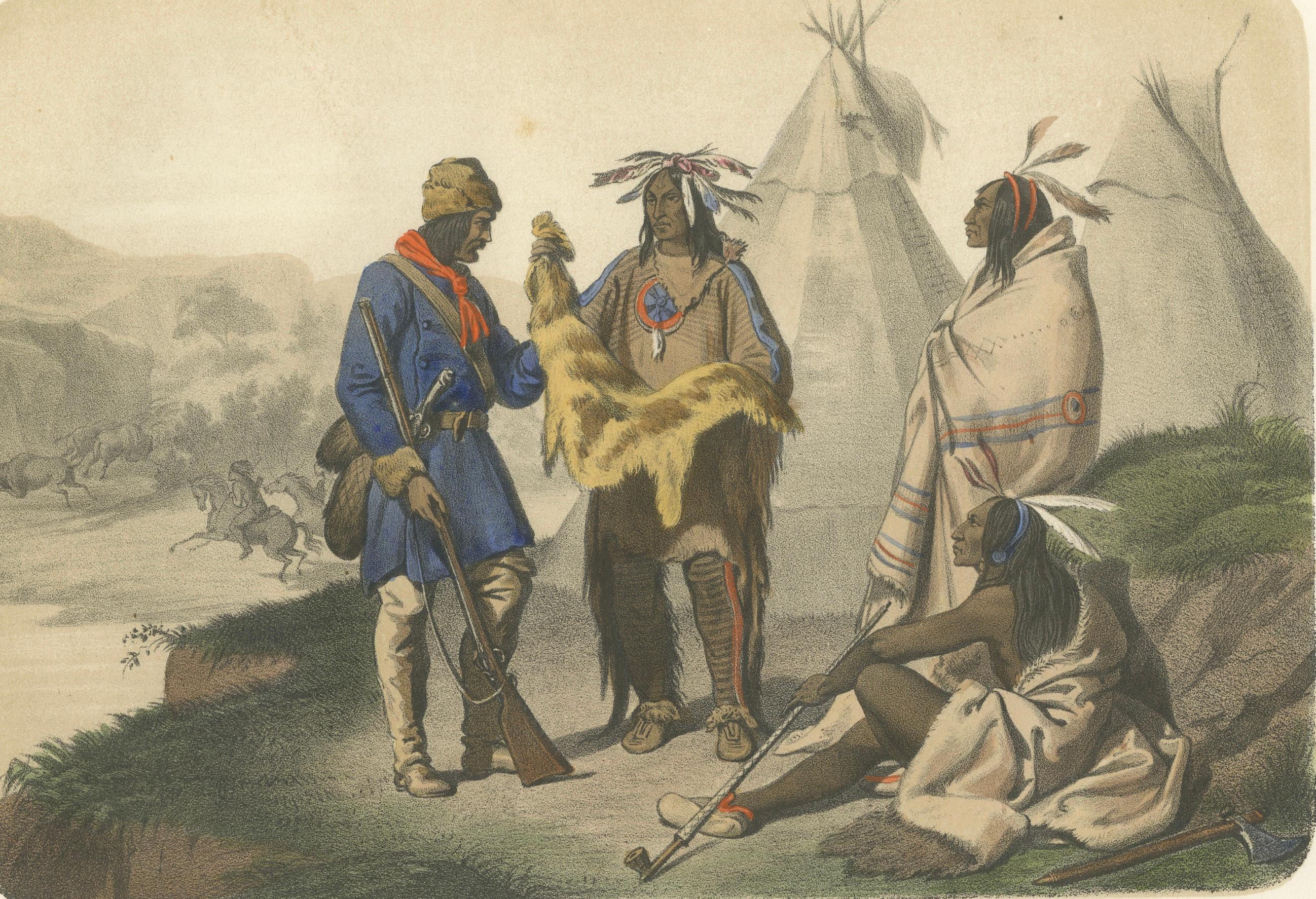 Francese Scena di accampamento di nativi americani - cacciatori di trappole e di bufali, 1845 ca. in vendita