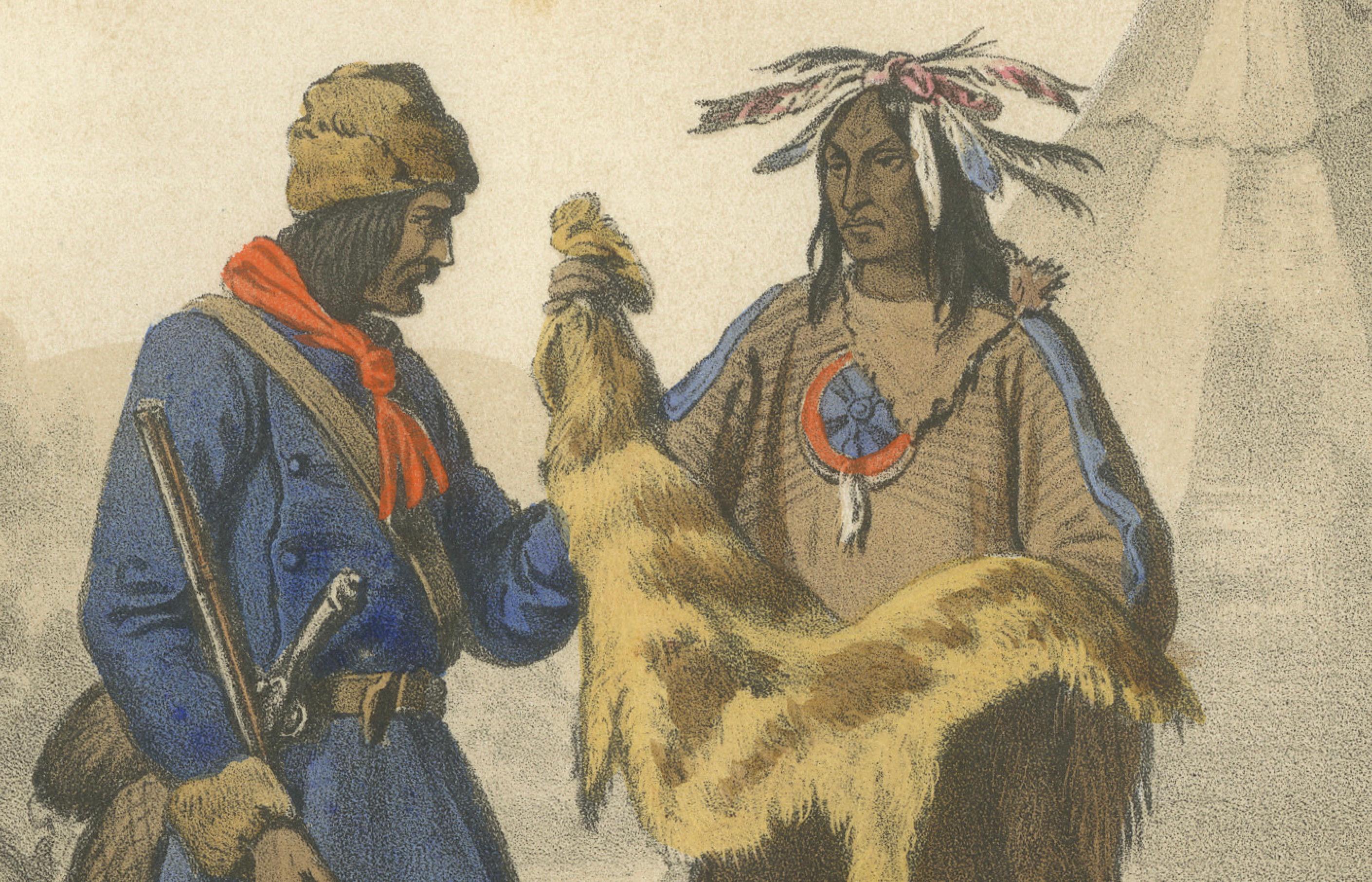 Scena di accampamento di nativi americani - cacciatori di trappole e di bufali, 1845 ca. In condizioni buone in vendita a Langweer, NL