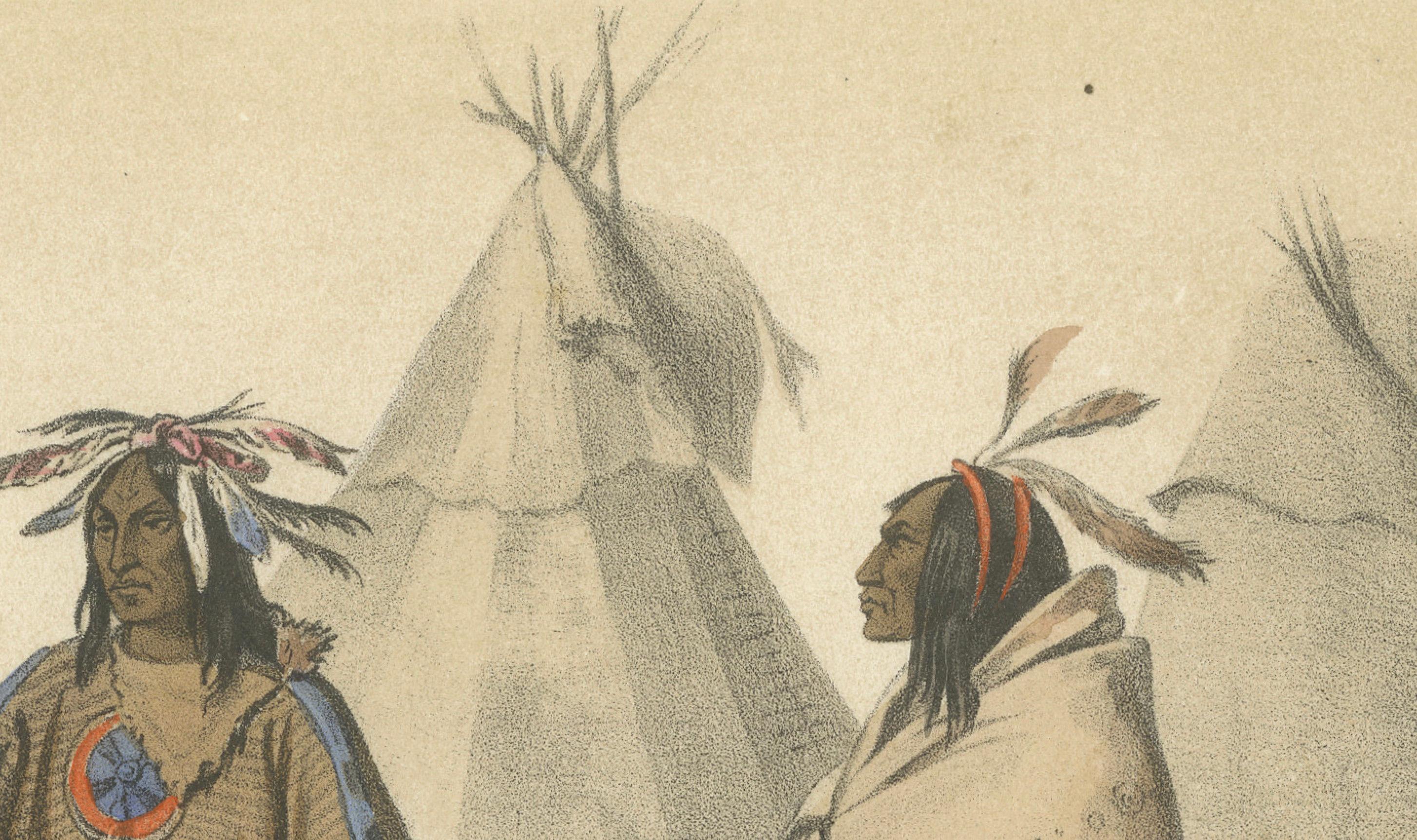 Metà XIX secolo Scena di accampamento di nativi americani - cacciatori di trappole e di bufali, 1845 ca. in vendita