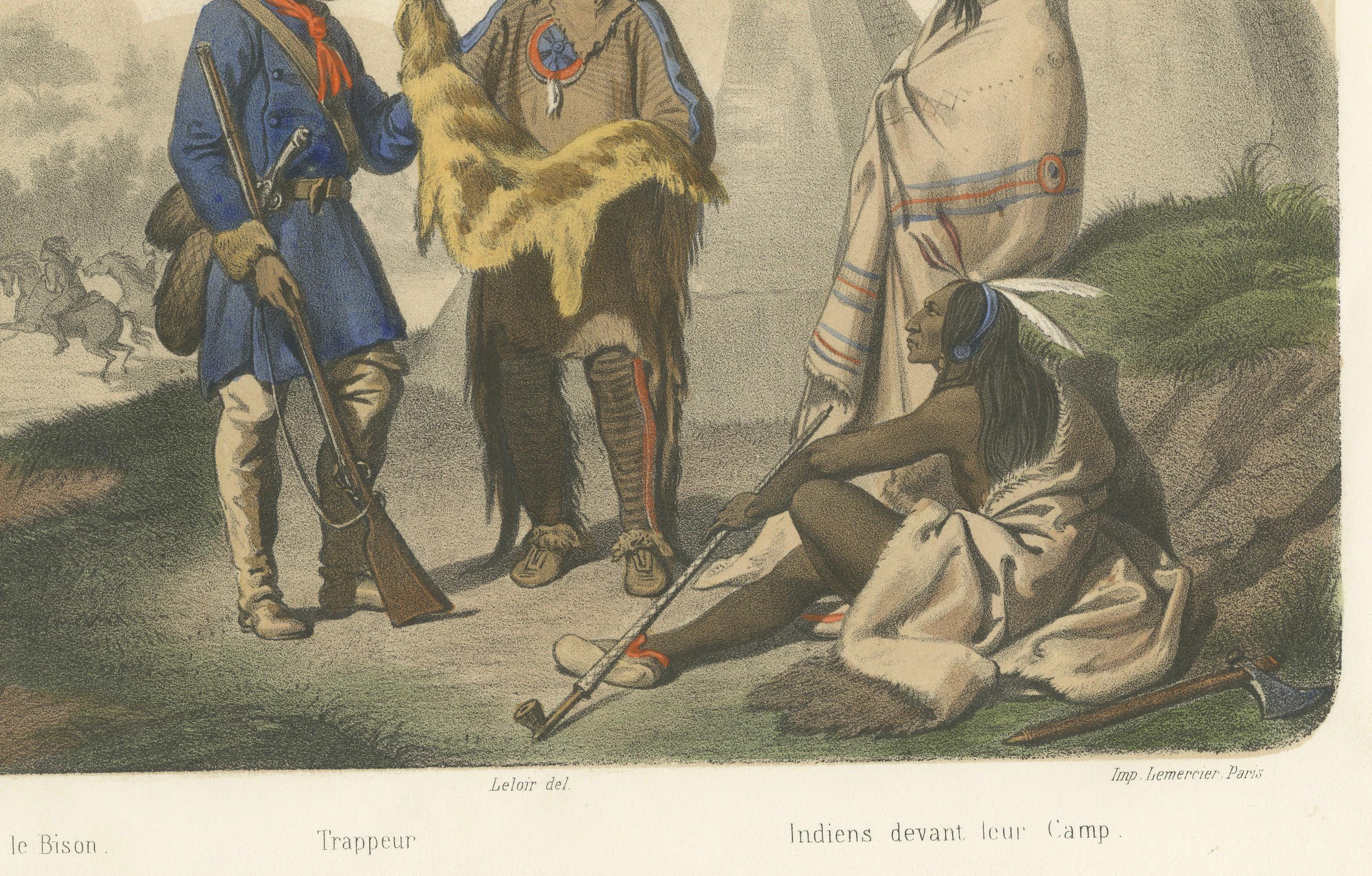 Carta Scena di accampamento di nativi americani - cacciatori di trappole e di bufali, 1845 ca. in vendita