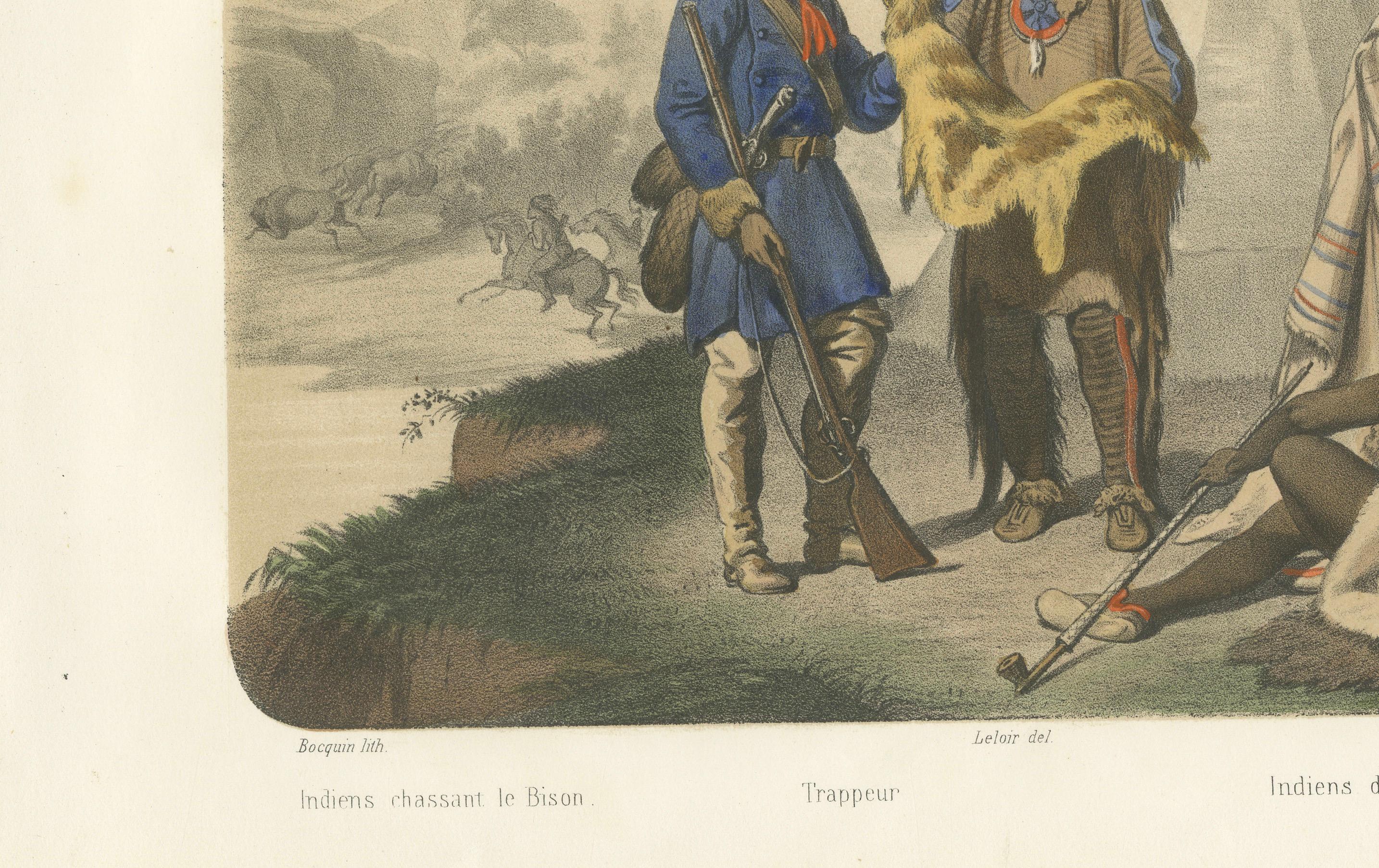 Scena di accampamento di nativi americani - cacciatori di trappole e di bufali, 1845 ca. in vendita 1