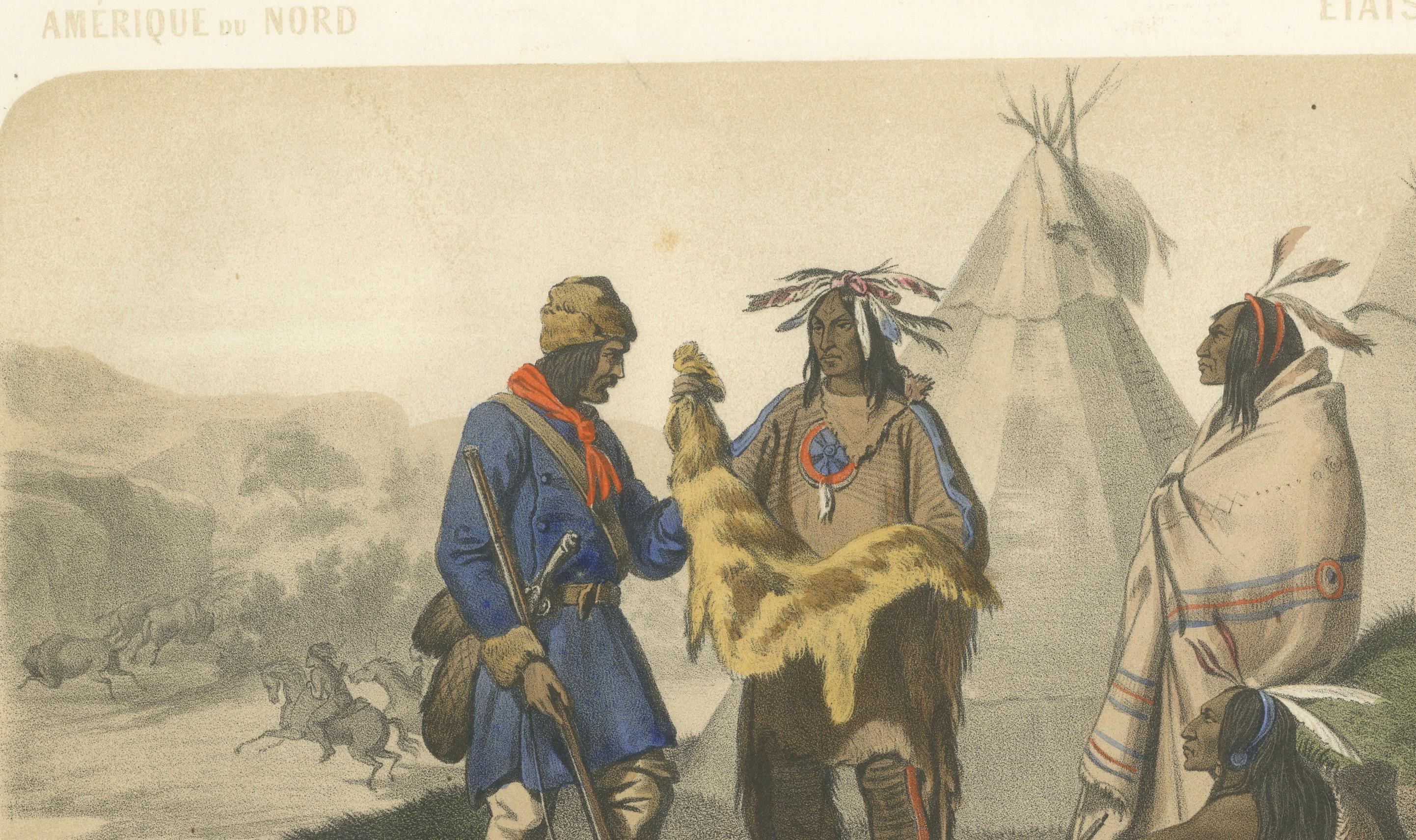 Scena di accampamento di nativi americani - cacciatori di trappole e di bufali, 1845 ca. in vendita 2