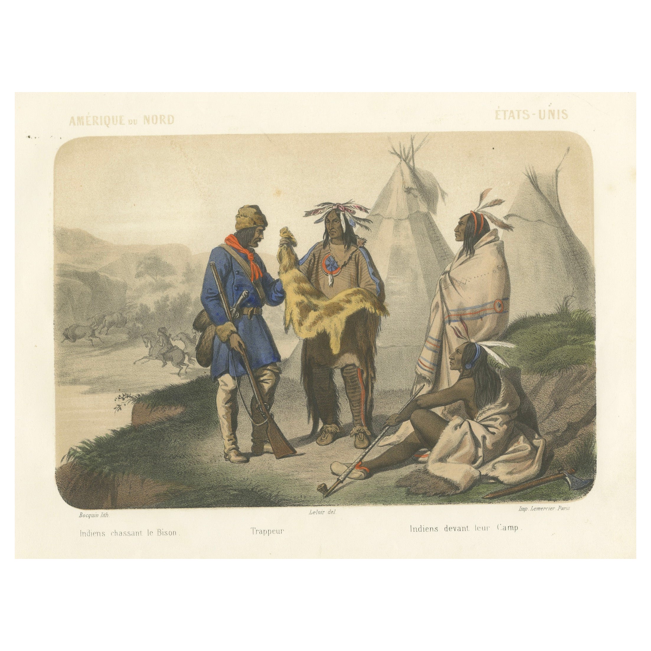 Scène de camp amérindien - Trappeur et chasseurs de bisons, c.1845