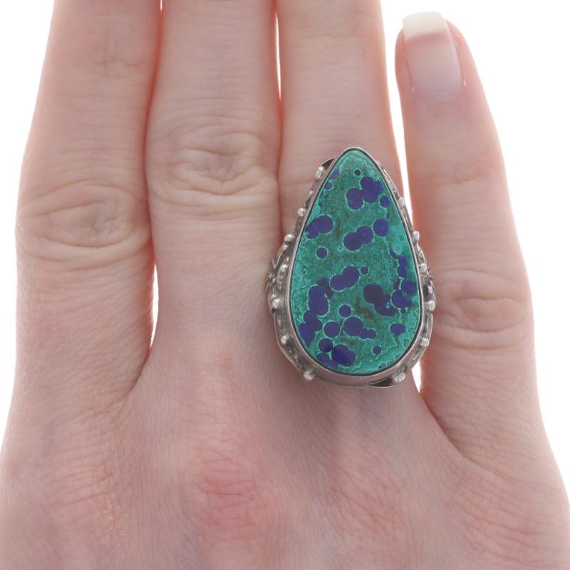Oval Cut Native American Carol Felley Navajo Azurite Malachite CocktailSolitaire Ring 925 For Sale