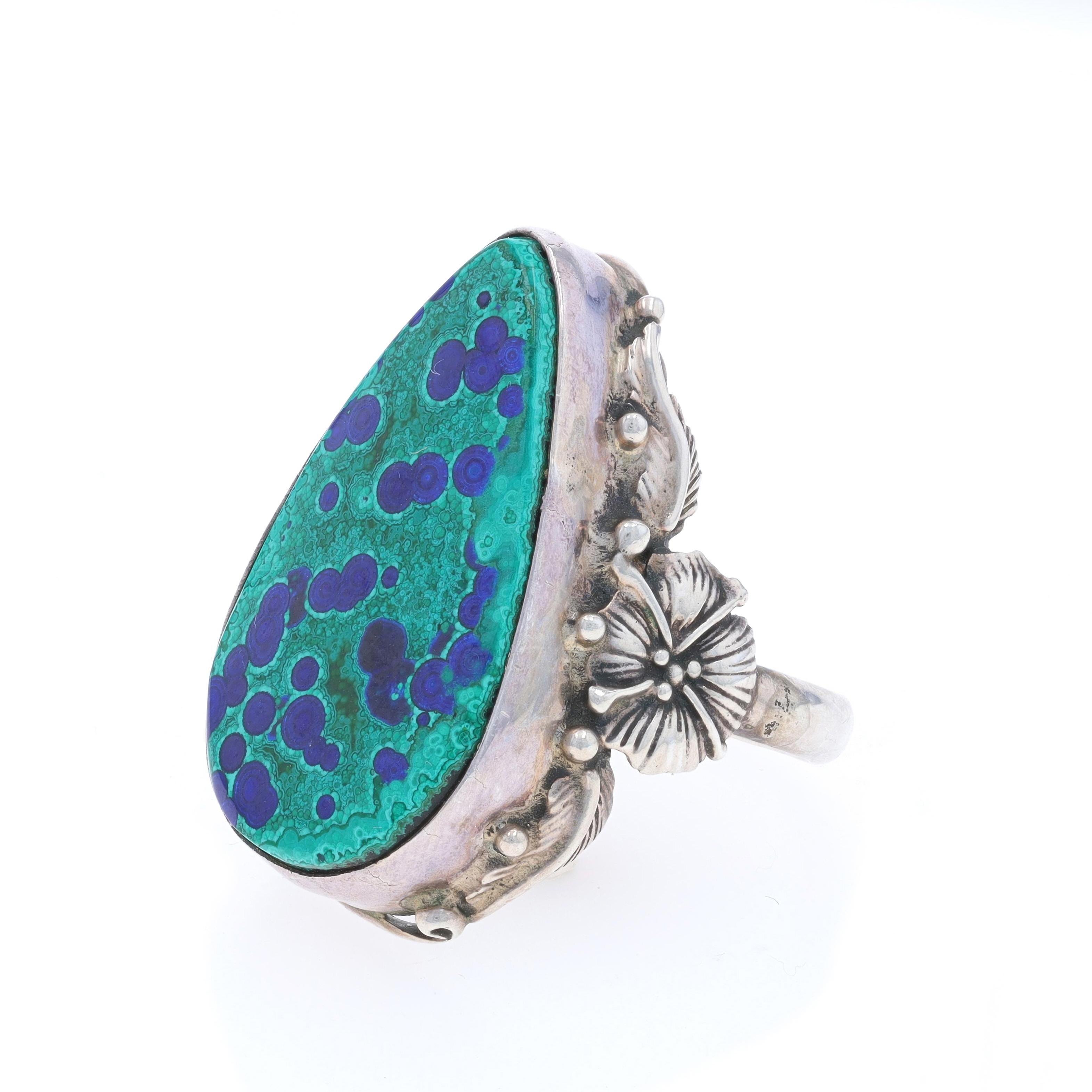 Native American Carol Felley Navajo Azurite Malachite CocktailSolitaire Ring 925 In Excellent Condition For Sale In Greensboro, NC