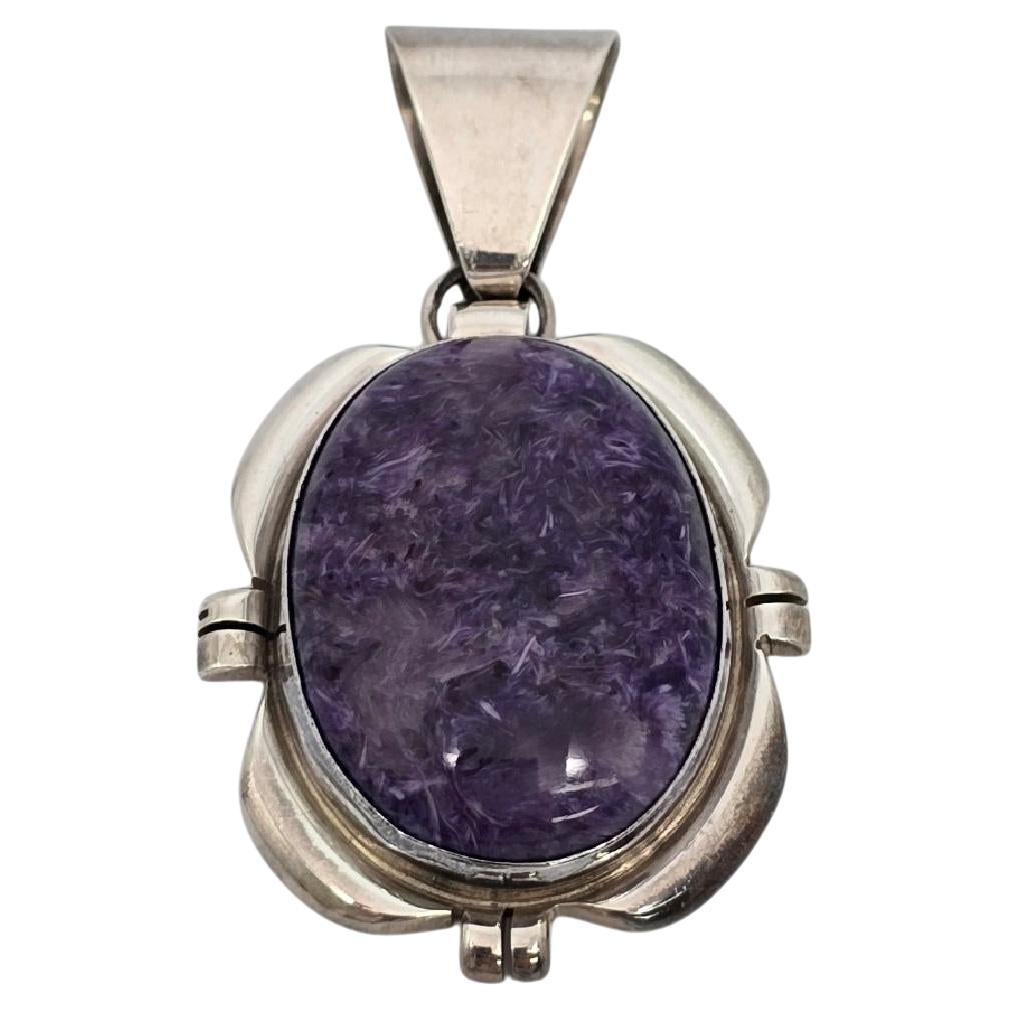 Native American Cecil Sanders Sterling Silver Charoite Pendant #20840 For Sale
